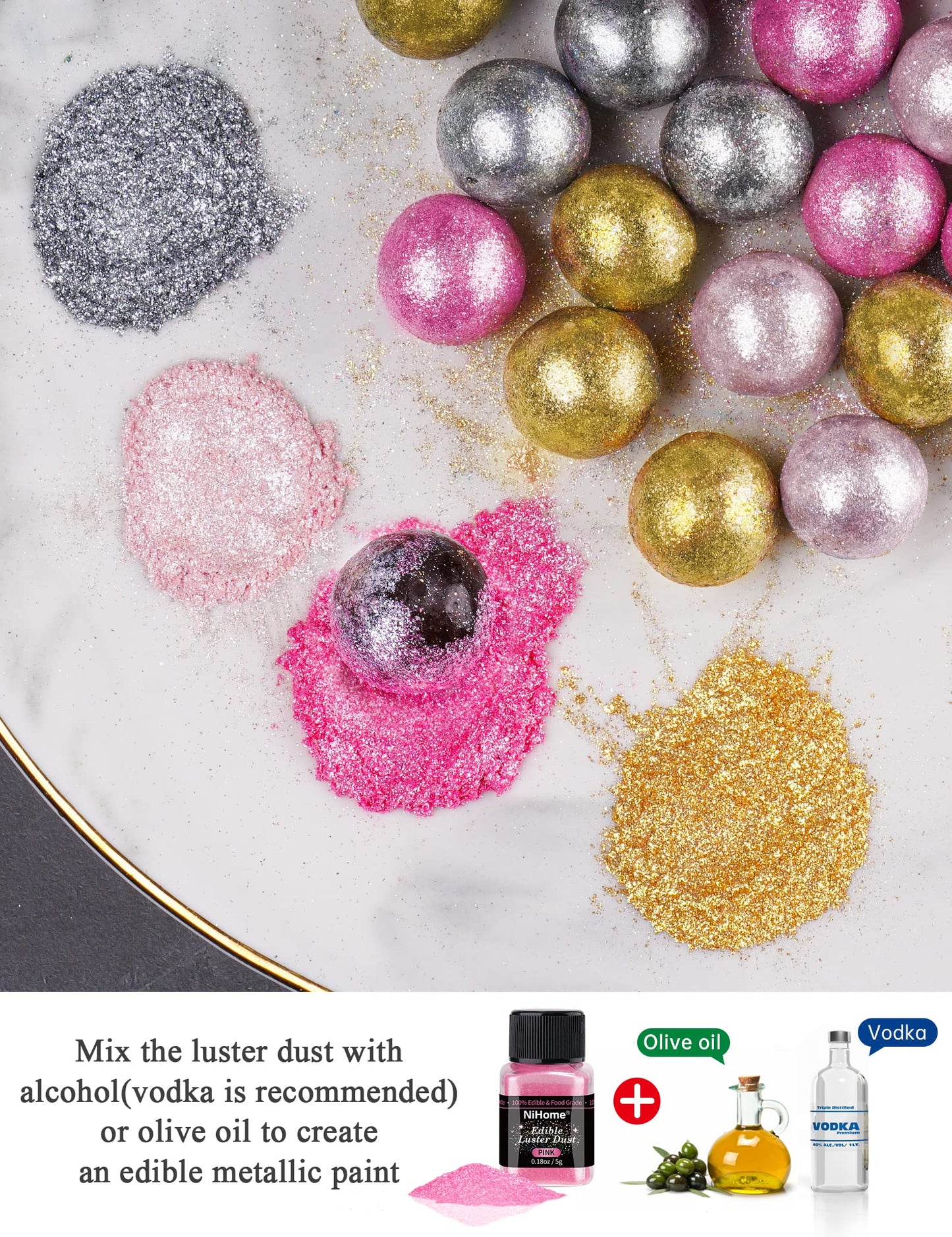 NiHome Edible Luster Dust Glitter Powder Fancy Metallic Sprinkles, Glimmer Luster Dust 4 Bottles of 0.18oz/5g for Decorating Dri