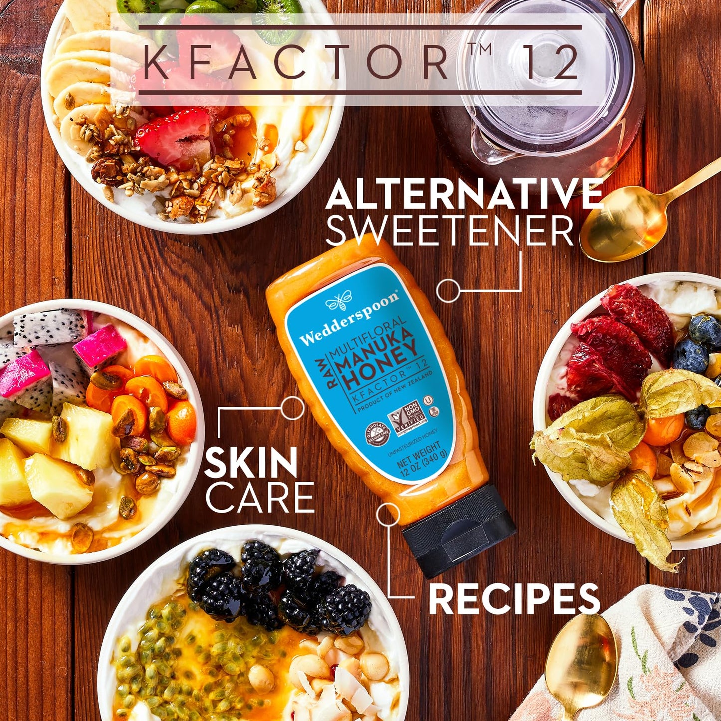 Wedderspoon Raw Premium Manuka Honey, Kfactor 12, 12 Oz, Unpasteurized, Genuine New Zealand Honey, Non-Gmo Superfood, Traceable