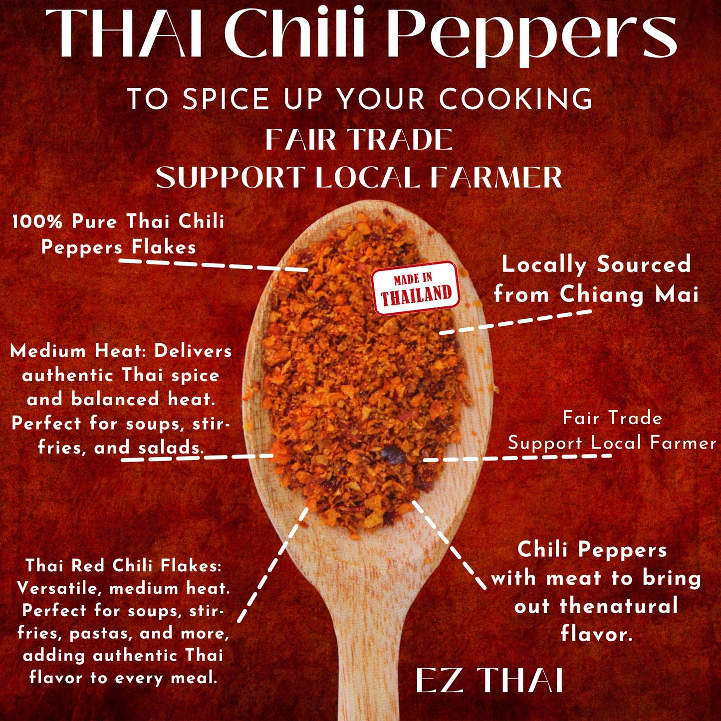Ez Thai - Chili Pepper Flakes 3.5Oz - Thai Red Chilli Crushed Powder Seasoning Spice For Chinese, Mexican, & Asian Cooking Cuisi