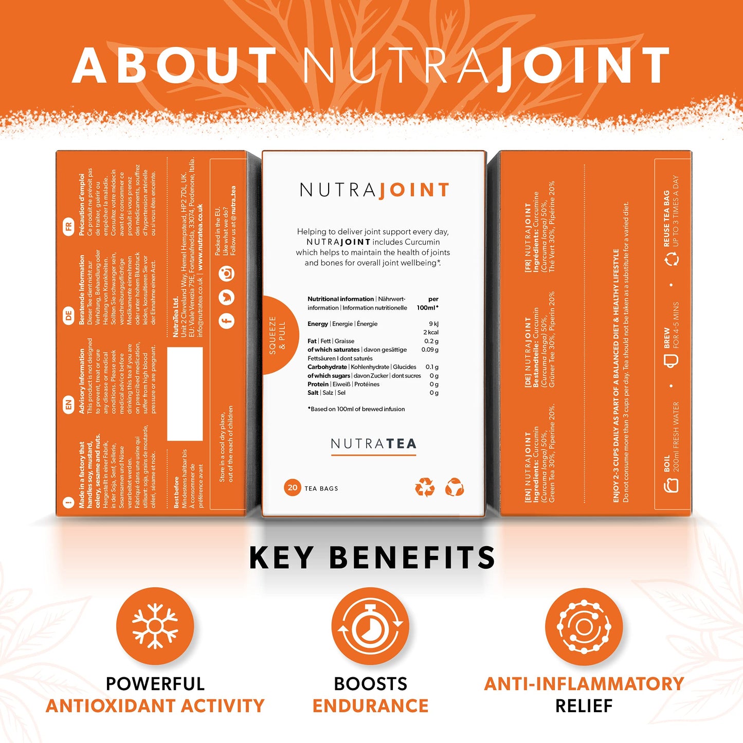Nutra Tea Joint Care Tea - 20 Enveloped Bags - Herbal Tea for Joint Mobility and Flexibility