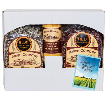 Amish Country Popcorn | 2-2 lb Bags | Red and Blue Popcorn Kernels with Cheddar Cheese Seasoning Variety Set | Old Fashioned, No