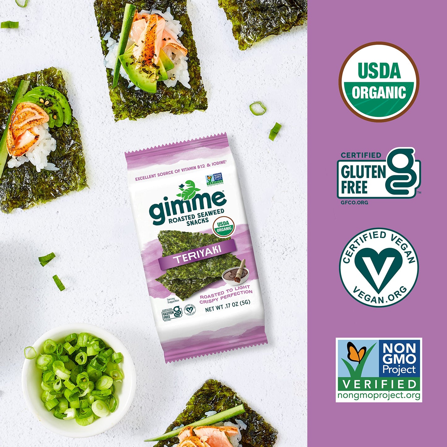 gimMe Organic Roasted Seaweed Sheets - Teriyaki Flavor, 20 Count - Keto, Vegan, Gluten Free Snack for Kids & Adults, Rich in Iodine & Omega 3’s