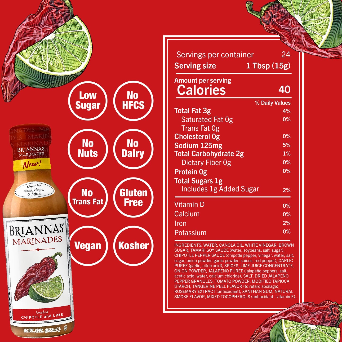 BRIANNAS Smoked Chipotle Lime Marinade - Gluten Free, Vegan - 12 oz Bottles, 6 Pack