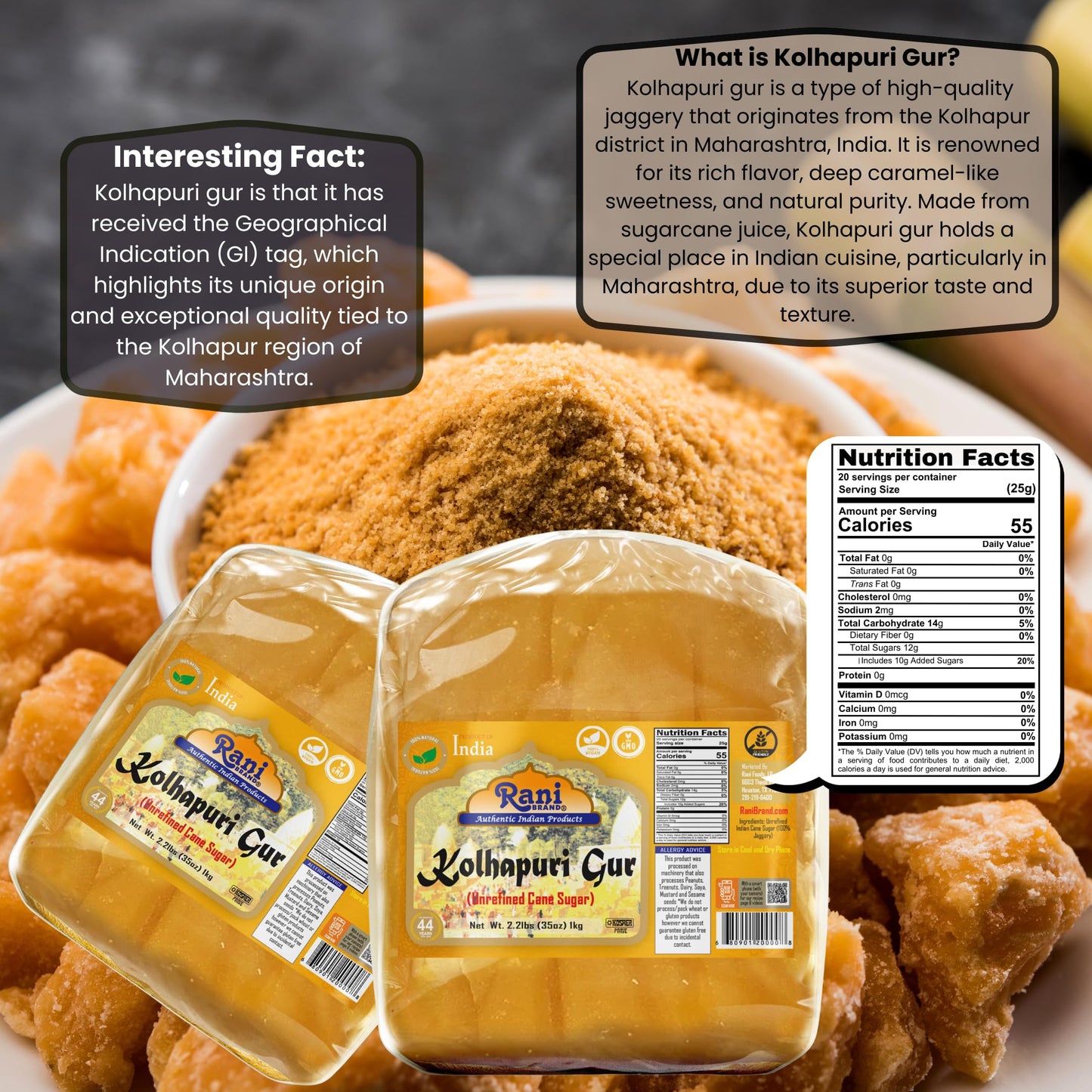 Rani Kolhapuri Gur (Jaggery) 35oz (2.2bs) 1kg ~ Unrefined Cane Sugar, No Color added, Gluten Friendly | Vegan | NON-GMO | Kosher