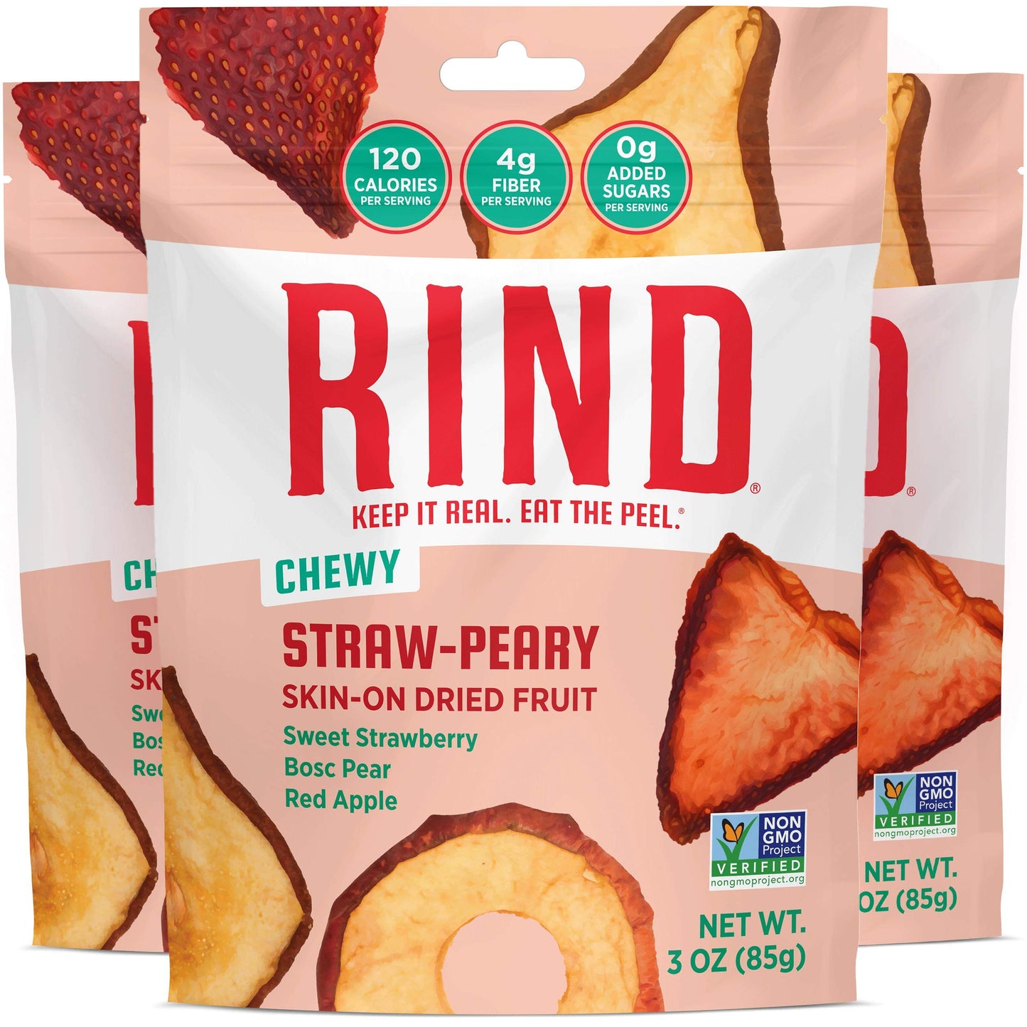 RIND Snacks Dried Fruit Superfood Chewy Snack, Strawberry, Apple & Pear, 3 oz, Gluten Free, Vegan, No Sugar Added, 3 Pack
