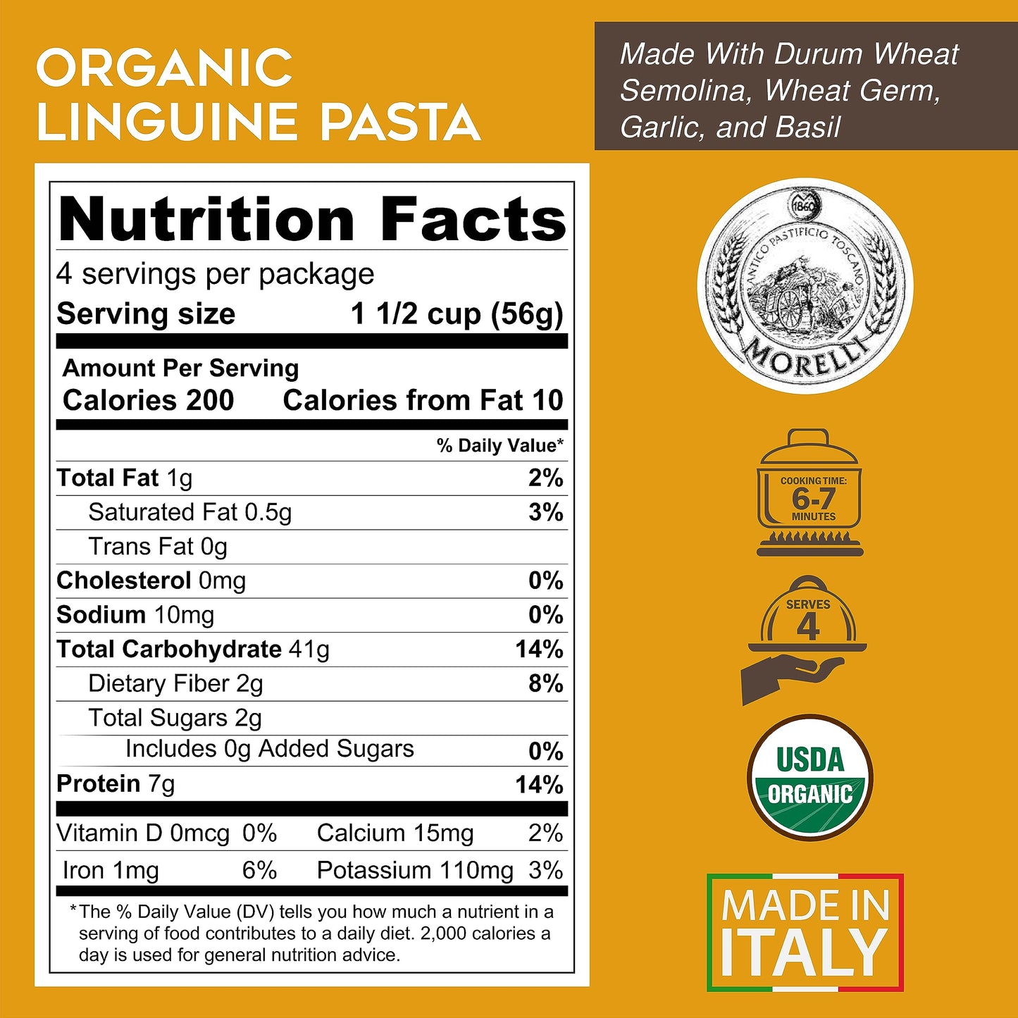 Morelli Italian Pasta Organic Garlic And Basil Linguine - Gourmet Pasta Handmade In Small Batches - Durum Wheat Semolina, Al Den