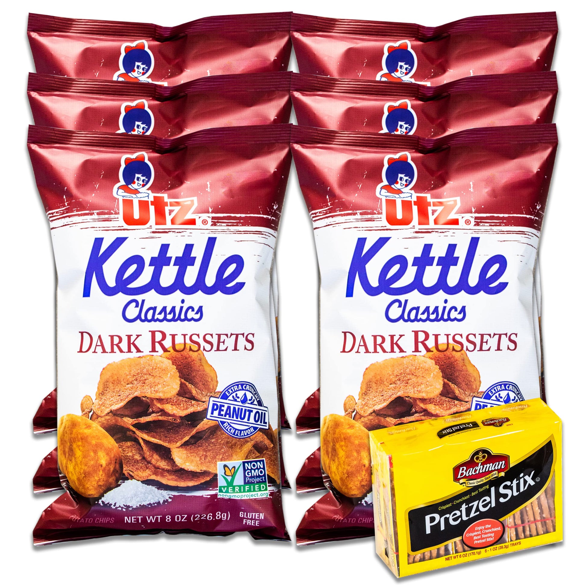 Utz Dark Russets Gourmet Kettle Classics Chips (6, 8oz bags) - Variety Pack - Crunchy, Thick, Delicious - Bachman Pretzel Stix (