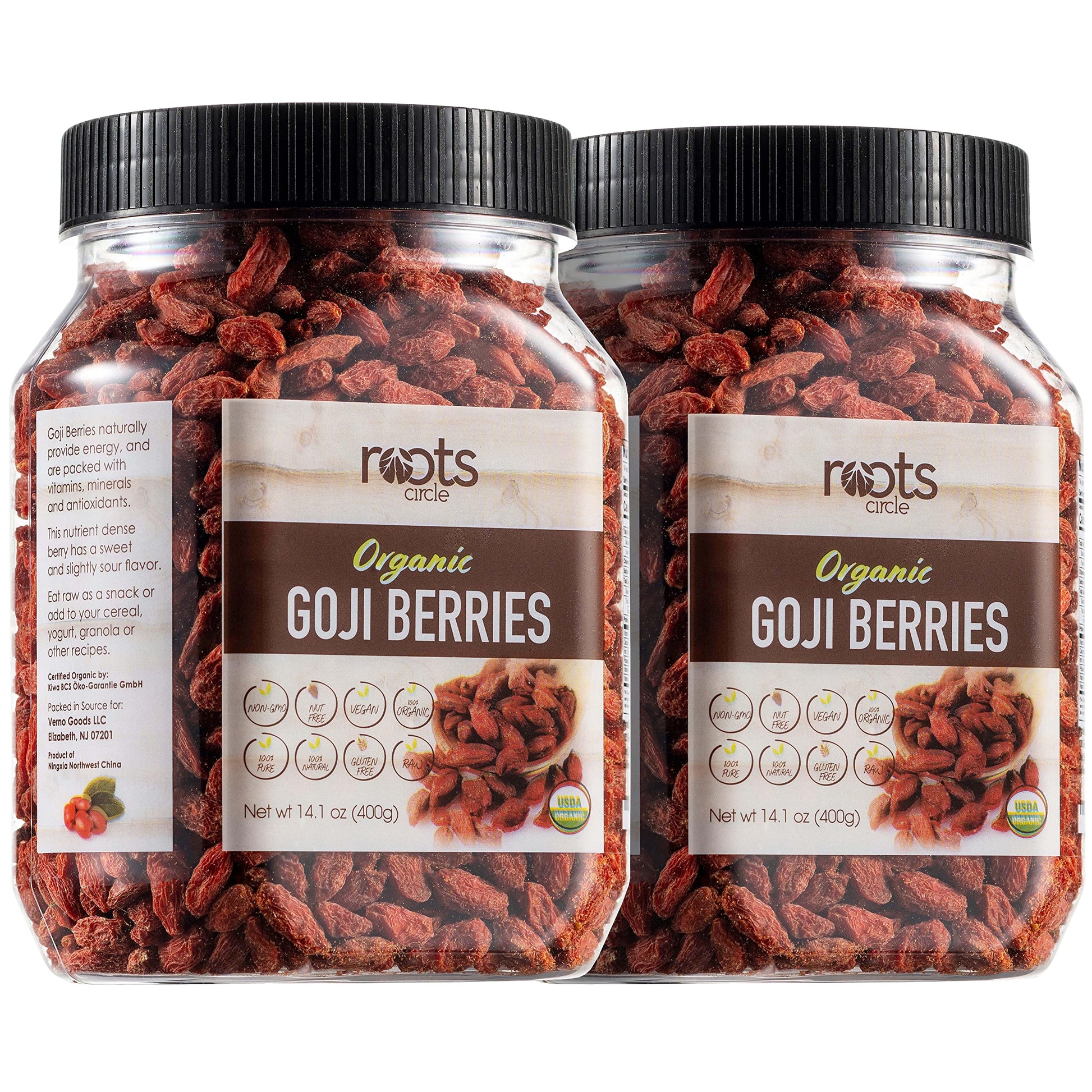 Roots Circle USDA Organic Dried Goji Berries 14.1 oz Jar 2 Pack | Bulk Supply of Goji Berry Fruit Superfood | Naturally Rich in Antioxidants to Support Healthy Skin | Raw  Natural  Vegan  Non-GMO  Kosher