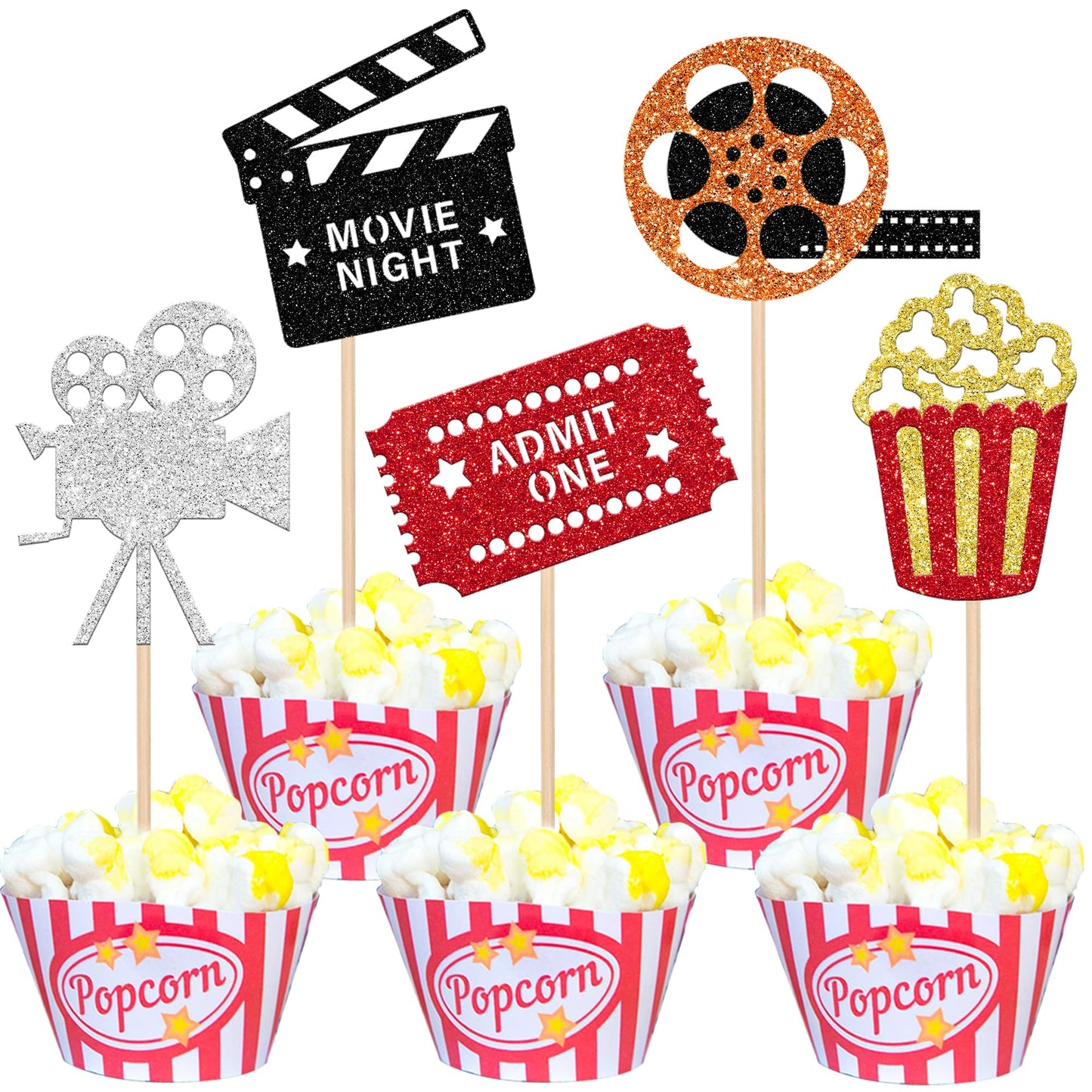 30 Pcs Movie Cupcake Toppers Glitter Movie Night Roll Camera Popcorn Cupcake Picks For Hollywood Theme Baby Shower Kids Birthday