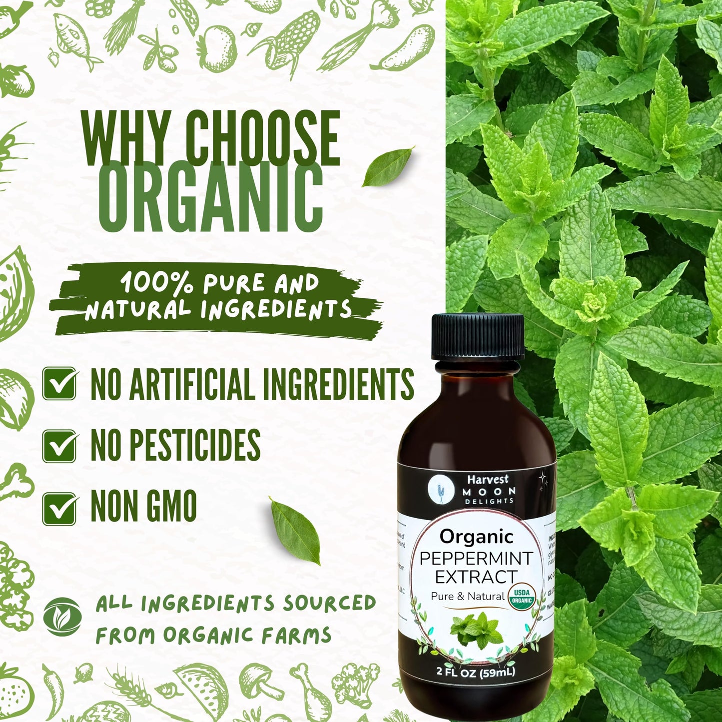 Harvest Moon Delights Organic Peppermint Extract - Water-Soluble Flavoring for Baking, Ice Cream, and Drinks - 2 oz