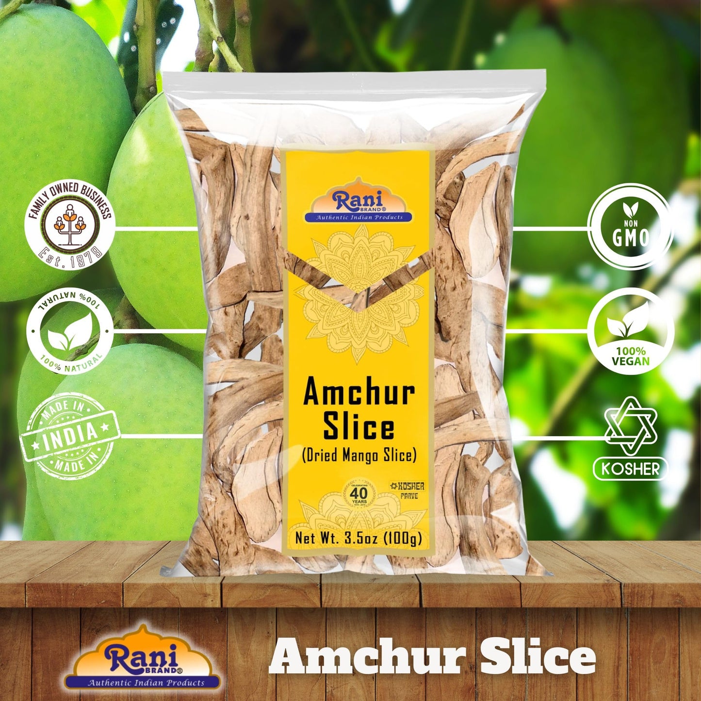 Rani Amchur (Mango) Dried Whole Slices Spice 3.5oz (100g) ~ All Natural, Indian Origin | No Color | Gluten Friendly | Vegan | NO