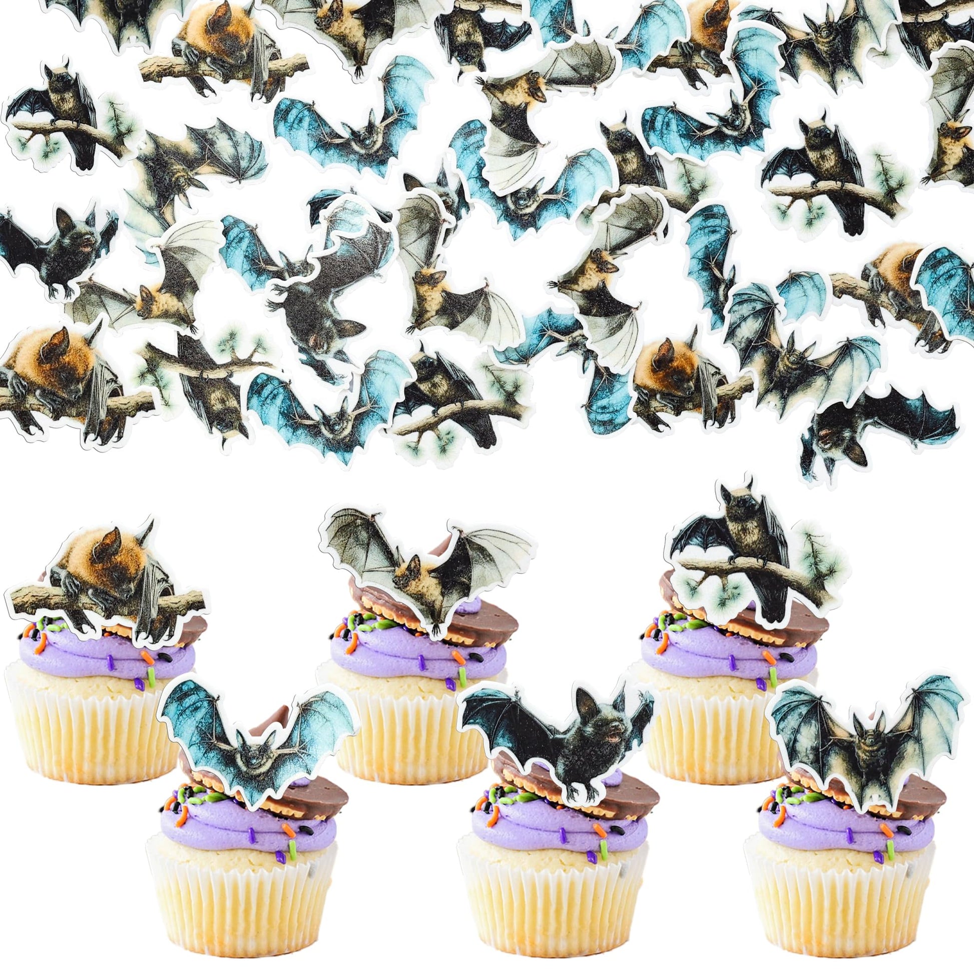 Gyufise 60Pcs Edible Halloween Bat Cupcake Toppers - Wafer Paper Picks For Baby Shower, Kids Theme Birthday Party Cake Decorations Supplies Multi