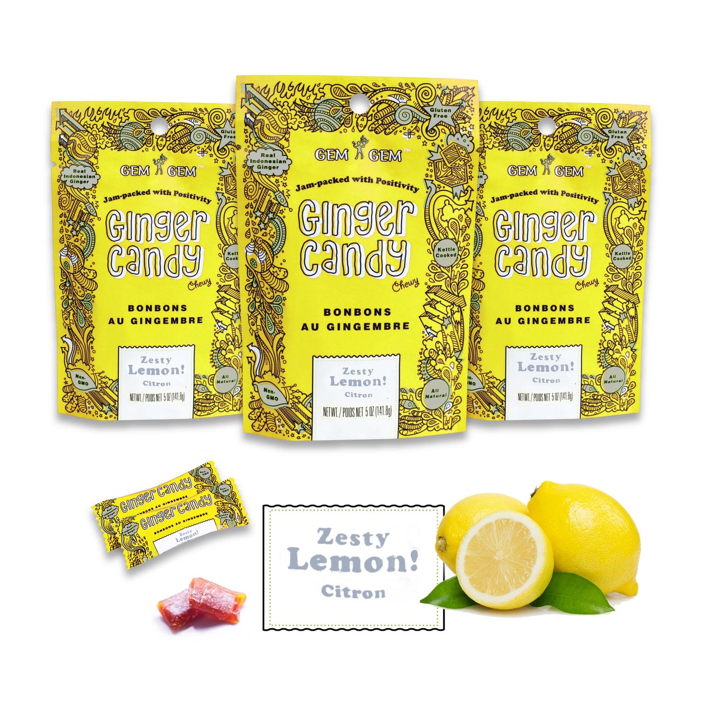 Gem Gem Ginger Candy Chewy Ginger Chews (Lemon, 5.0Oz, Pack Of 3)