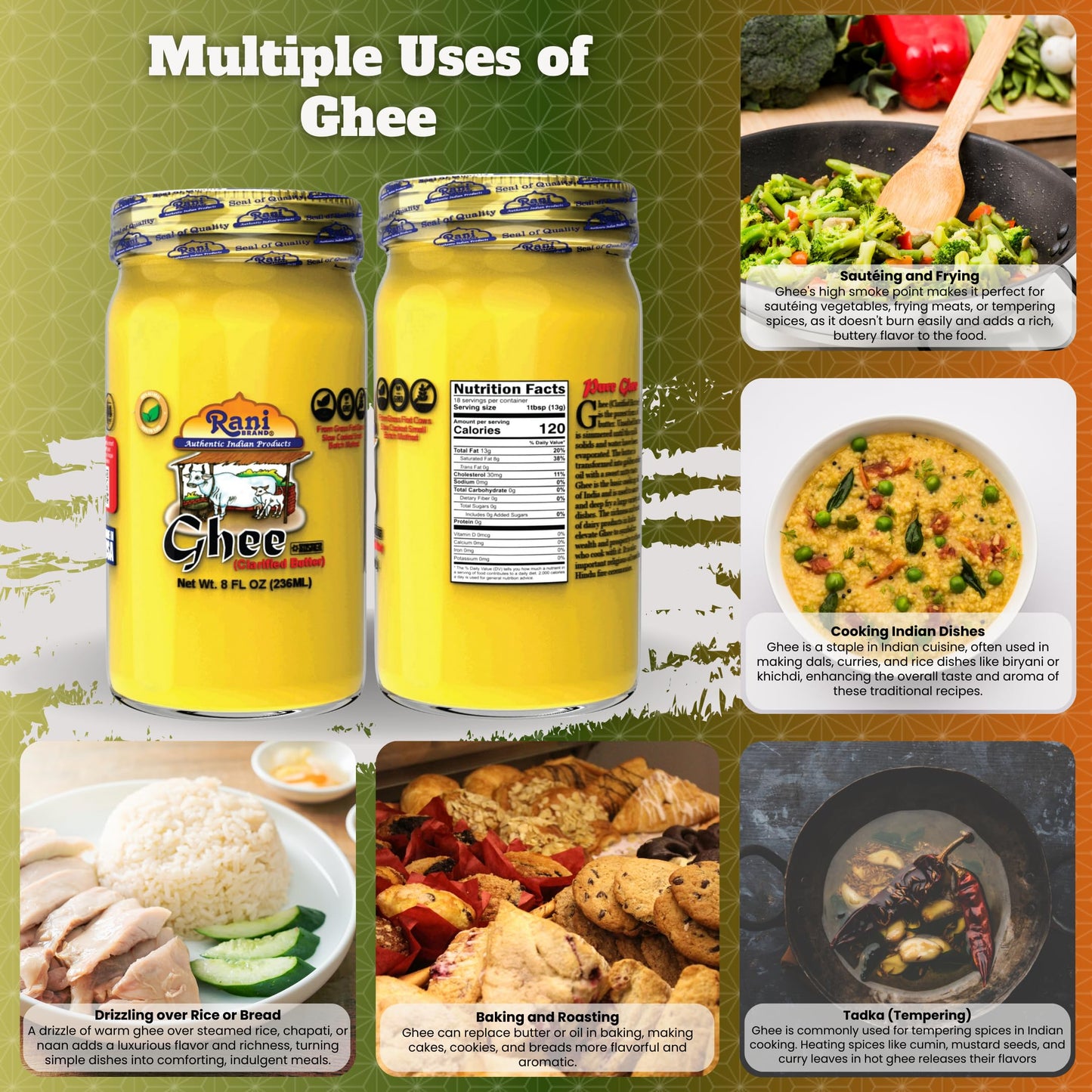 Rani Ghee Pure & Natural from Grass Fed Cows (Clarified Butter) 8oz (227g) ~ Glass Jar | Paleo Friendly | Keto Friendly | Gluten