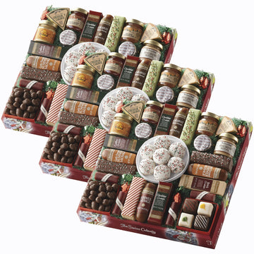3 Red Gift Boxes - The Swiss Colony 27 Favorites Food Gift Set  Summer Sausage Meats And Cheeses Assorted Chocolates  Candies  Petits Fours  Cheese & Charcuterie Board Gifts Basket  Holiday  Christmas