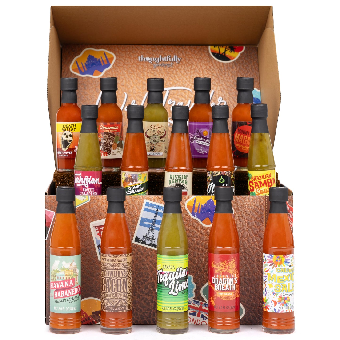 Thoughtfully Gourmet World Traveler Suitcase Hot Sauce Gift Set, Vegan, 15 Pack of 3 Fl Oz Bottles