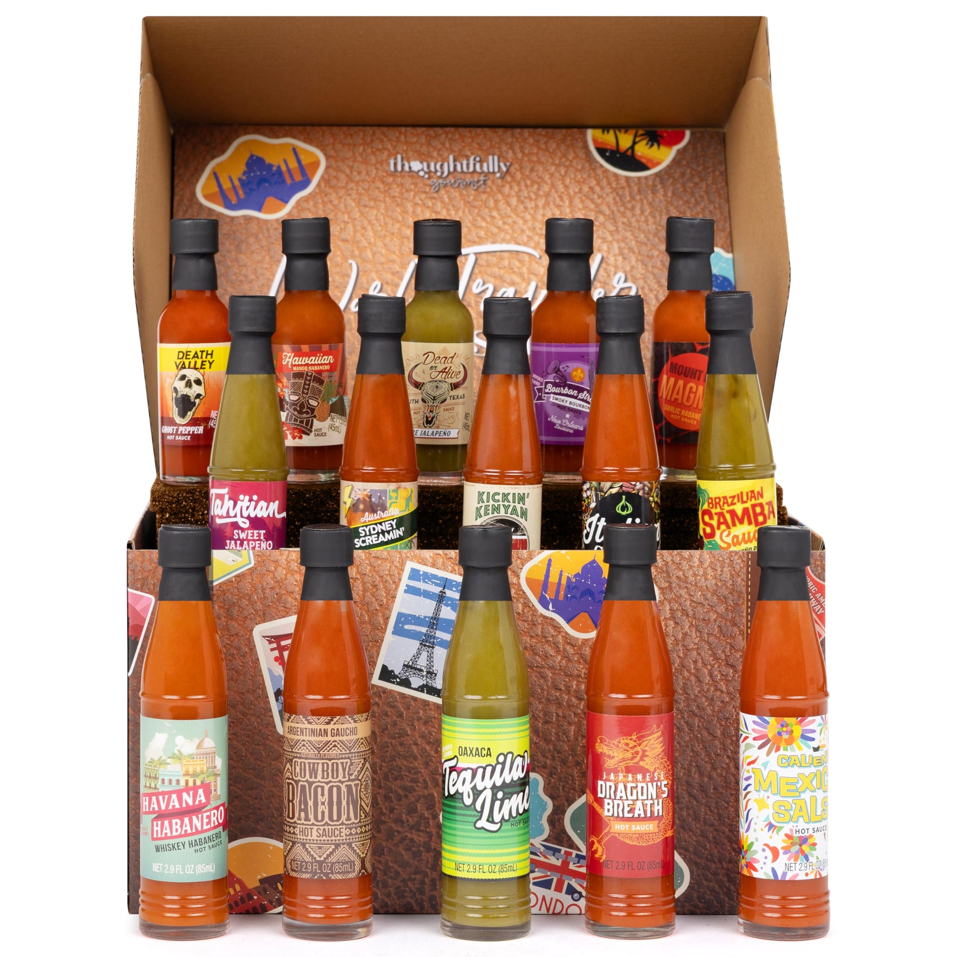 Thoughtfully Gourmet World Traveler Suitcase Hot Sauce Gift Set, Vegan, 15 Pack of 3 Fl Oz Bottles