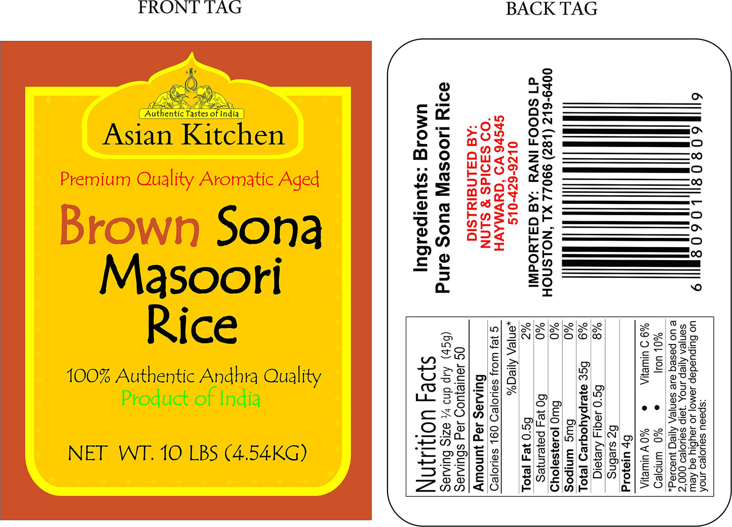 Asian Kitchen Brown Sona Masoori Aged Rice 10-Pound Bag, 10Lbs (4.54Kg) Short Grain Rice ~ All Natural | Gluten Friendly | Vegan