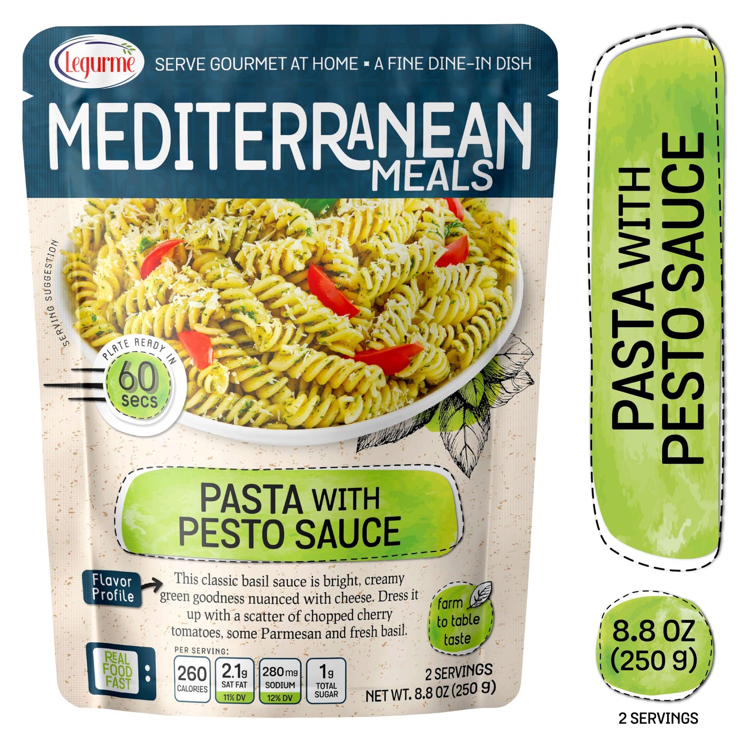 Mediterranean, Ready To Eat Pasta With Pesto Sauce, No Preservatives, No Colorants, No Artificial Flavors, 8.8 Oz (Pack Of 1)