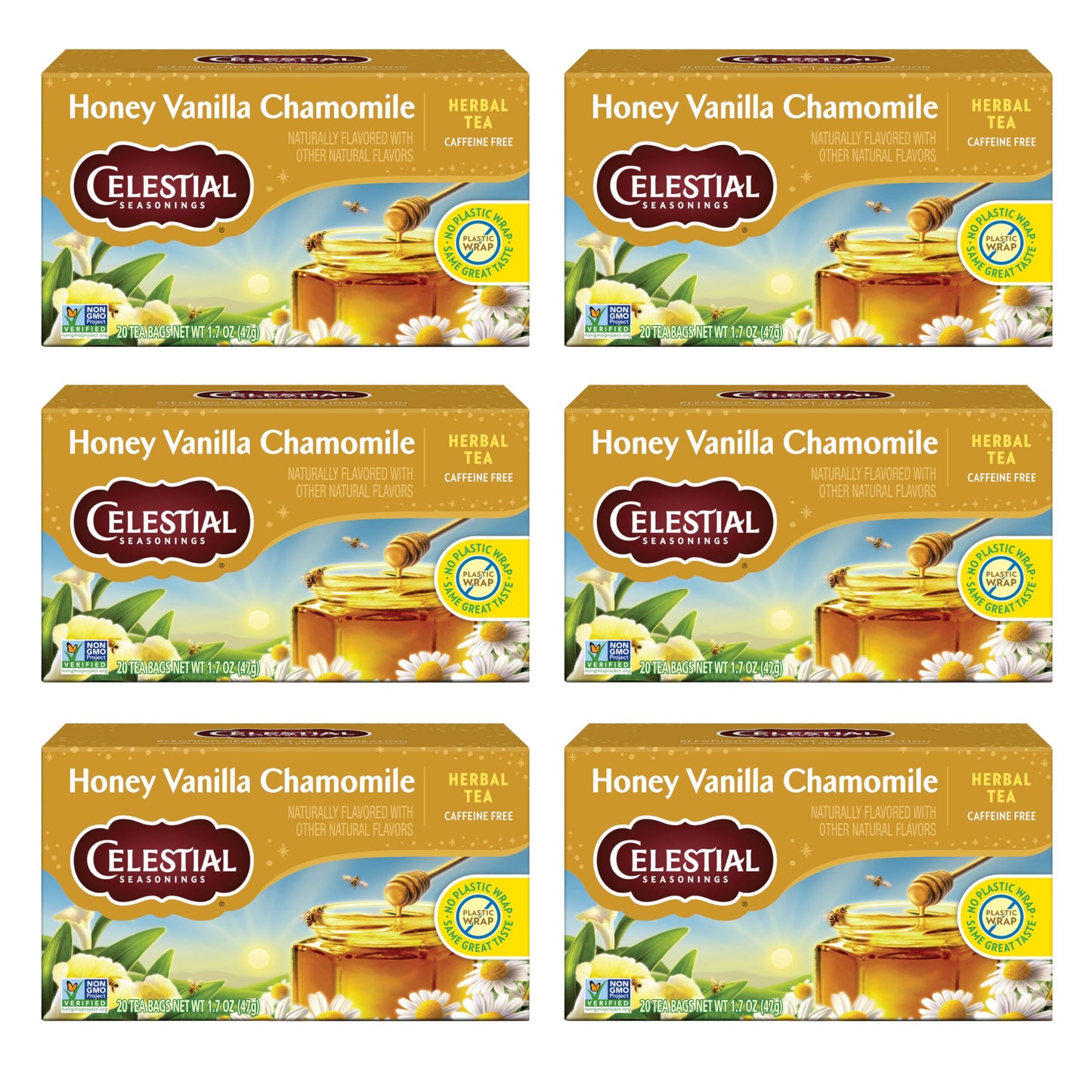 Celestial Seasonings Chamomile Tea Bags - Honey Vanilla, Caffeine Free, 20 Count (Pack of 6)