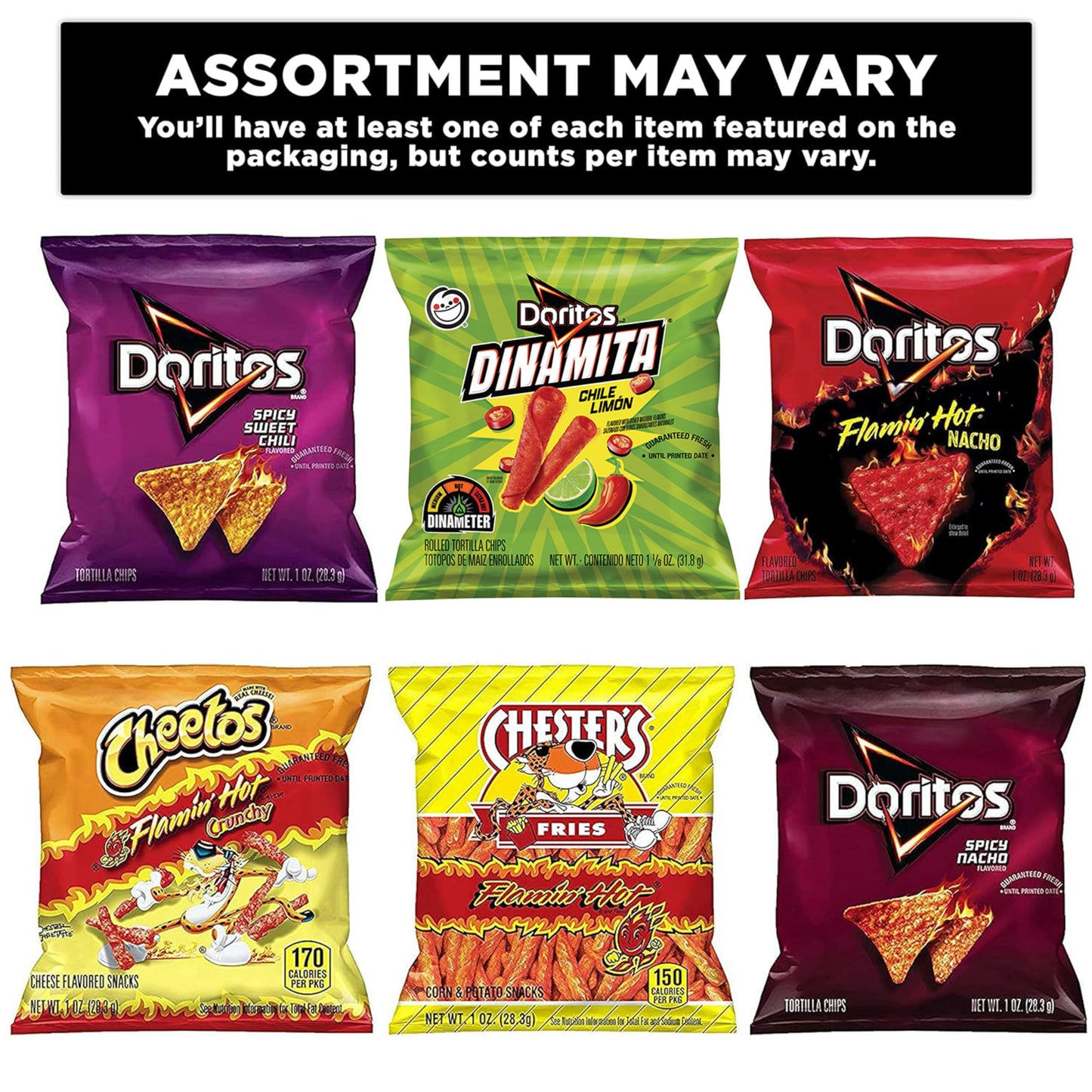 Frito Lay Fiery Mix Variety Pack, Hot & Spicy Snacks Single Serve Bags, (Pack Of 40), Flamin' Hot Cheetos, Doritos, Chester'S Hot Fries