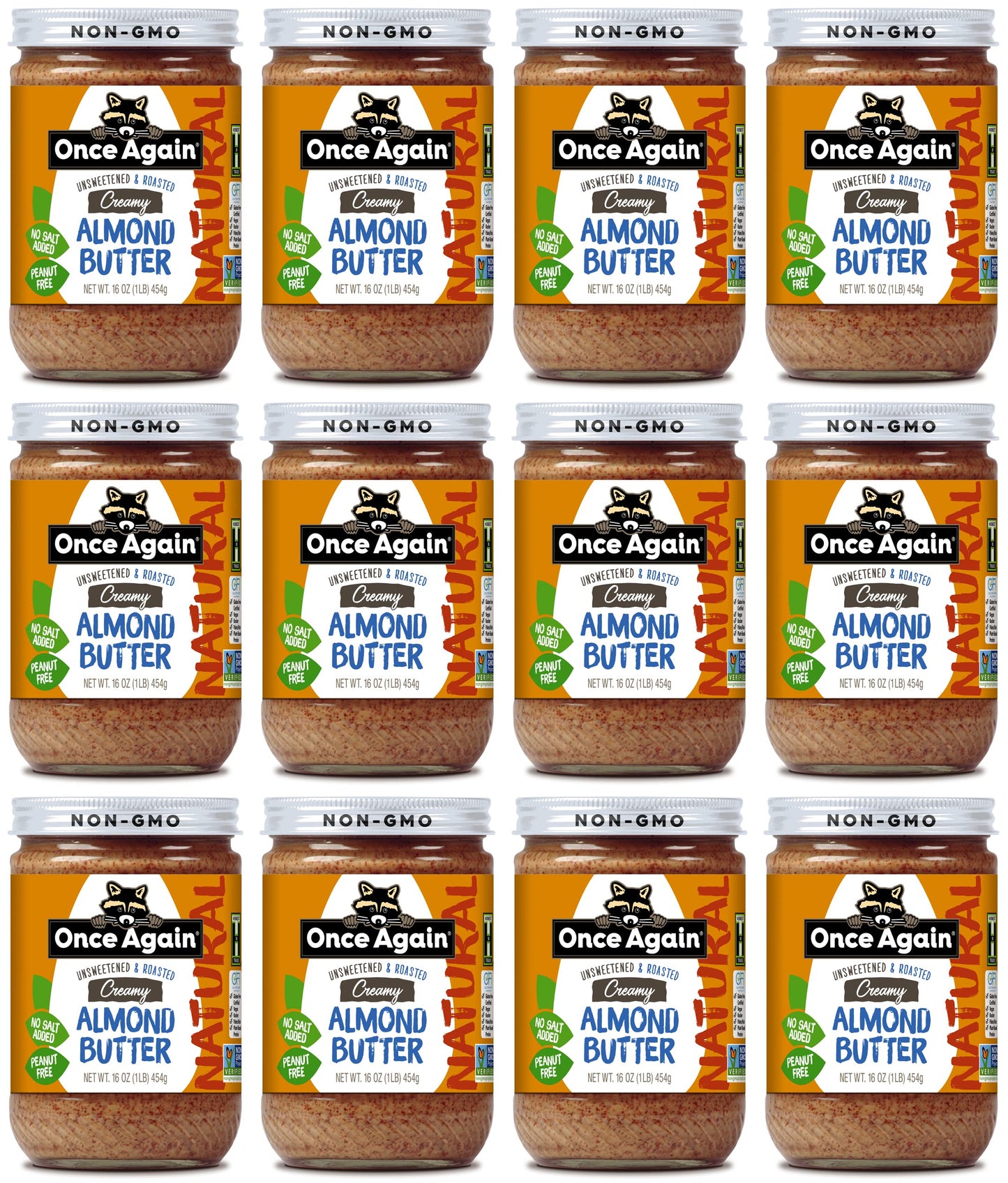 Once Again Natural Creamy Almond Butter, 16oz - Roasted - Salt Free, Unsweetened - Gluten Free Certified, Peanut Free, Vegan, Kosher, Paleo - Glass Jar - Case of 12