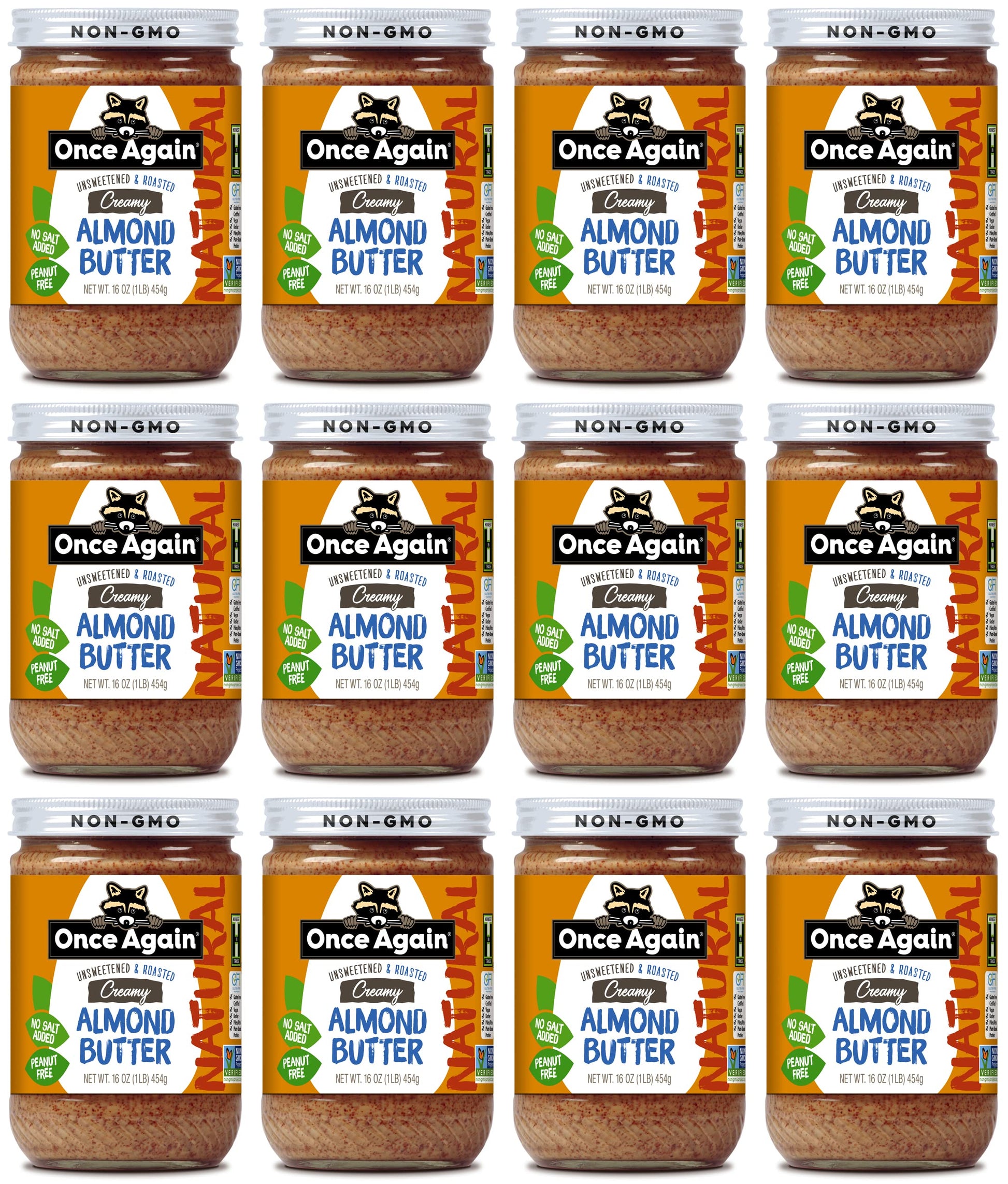 Once Again Natural Creamy Almond Butter, 16oz - Roasted - Salt Free, Unsweetened - Gluten Free Certified, Peanut Free, Vegan, Kosher, Paleo - Glass Jar - Case of 12