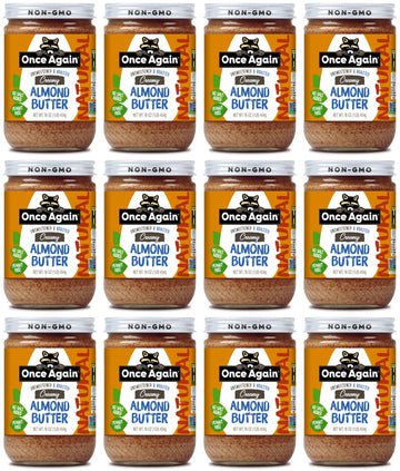 Once Again Natural Creamy Almond Butter, 16oz - Roasted - Salt Free, Unsweetened - Gluten Free Certified, Peanut Free, Vegan, Kosher, Paleo - Glass Jar - Case of 12