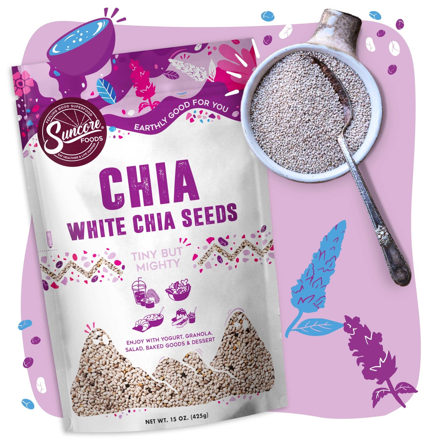 Suncore Foods Organic White Chia Seeds, Gluten-Free, Non-GMO, 15oz (2 Pack)