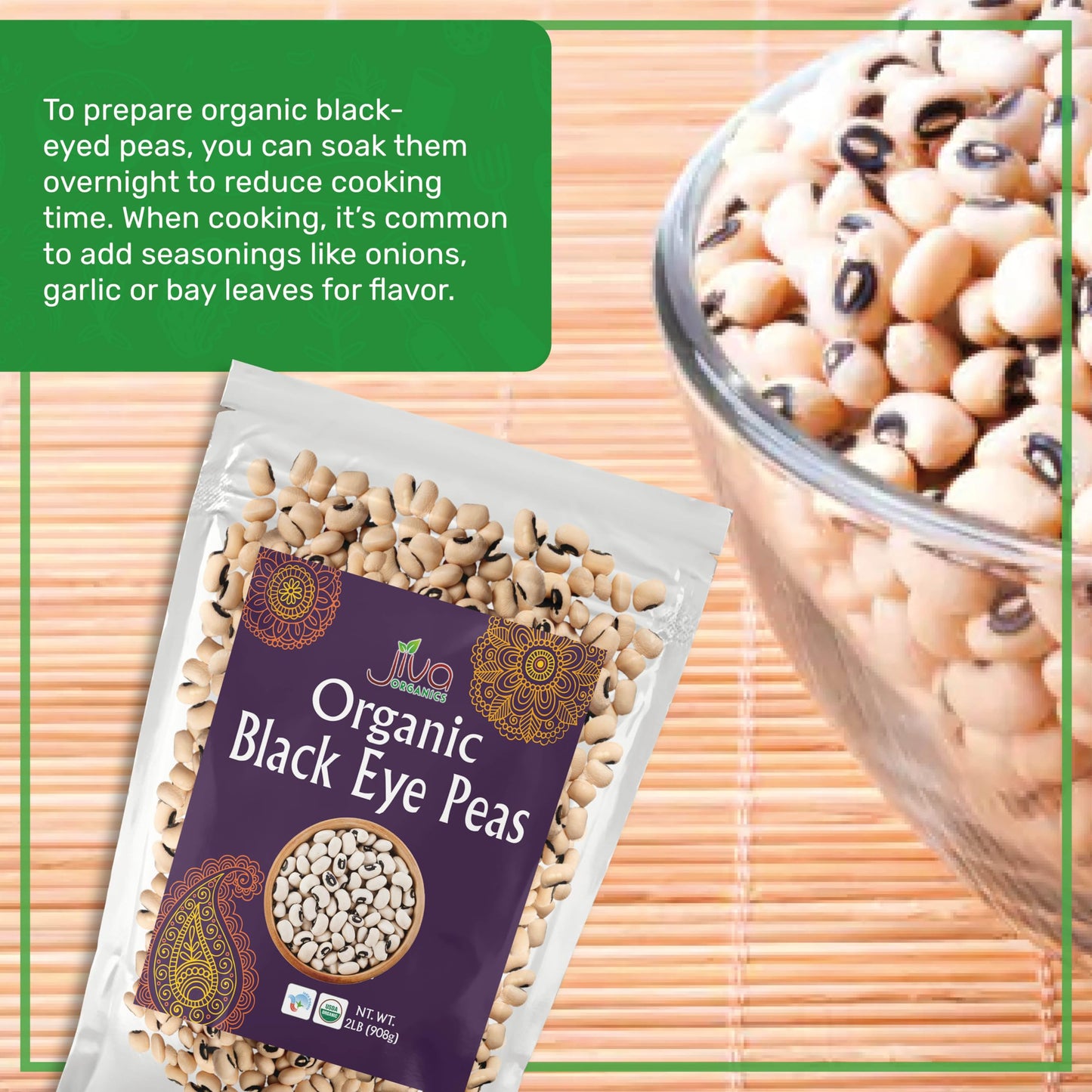 Jiva Organics Organic Black Eye Peas 2 Pound Bag - Cowpeas, Non-Gmo, Natural