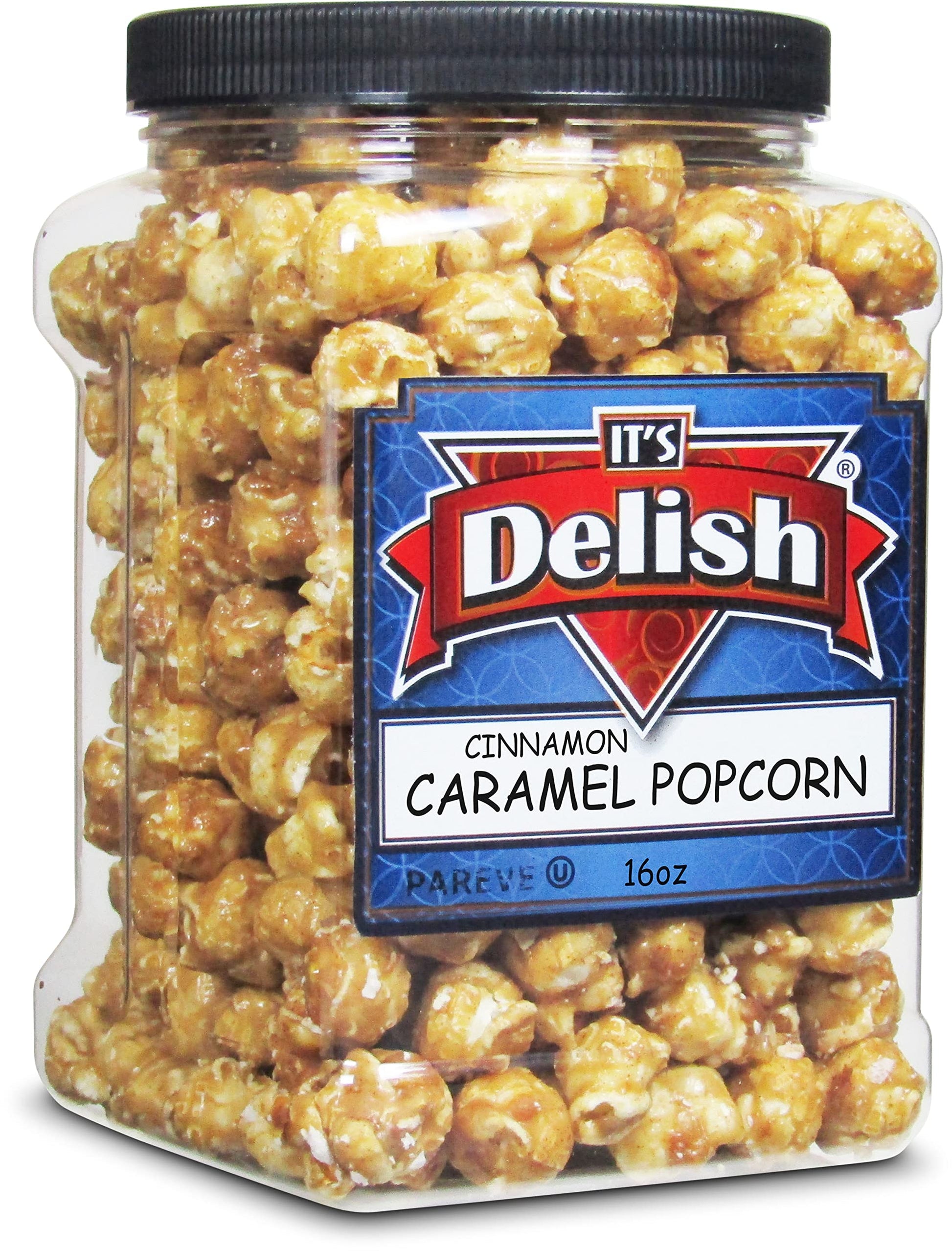 Its Delish Gourmet Cinnamon Caramel Popcorn by Its Delish, 16 OZ Jumbo Container - Caramel Corn Air Popped Sweet & Crunchy Glaz