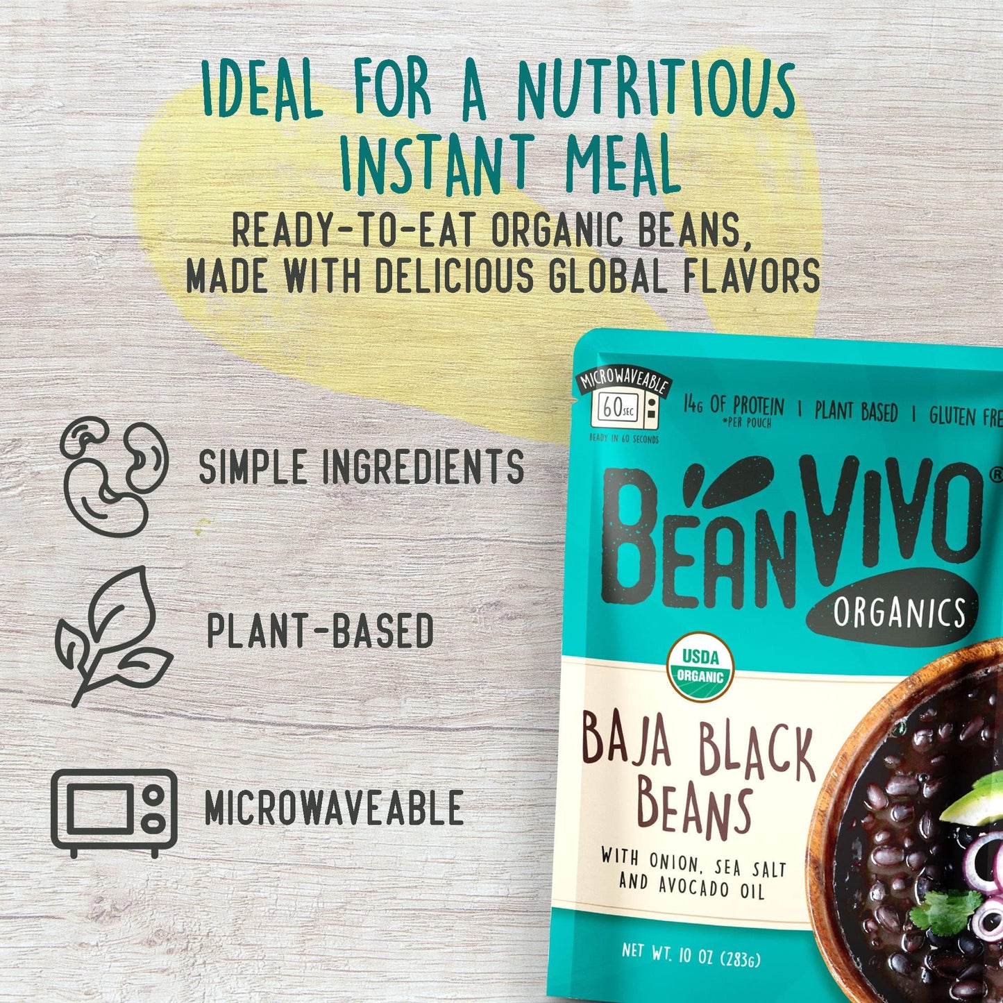 BeanVIVO Plant-Based Protein Baja Black Beans - Gluten-Free, Good Source of Fiber, 10 oz (Pack of 6)