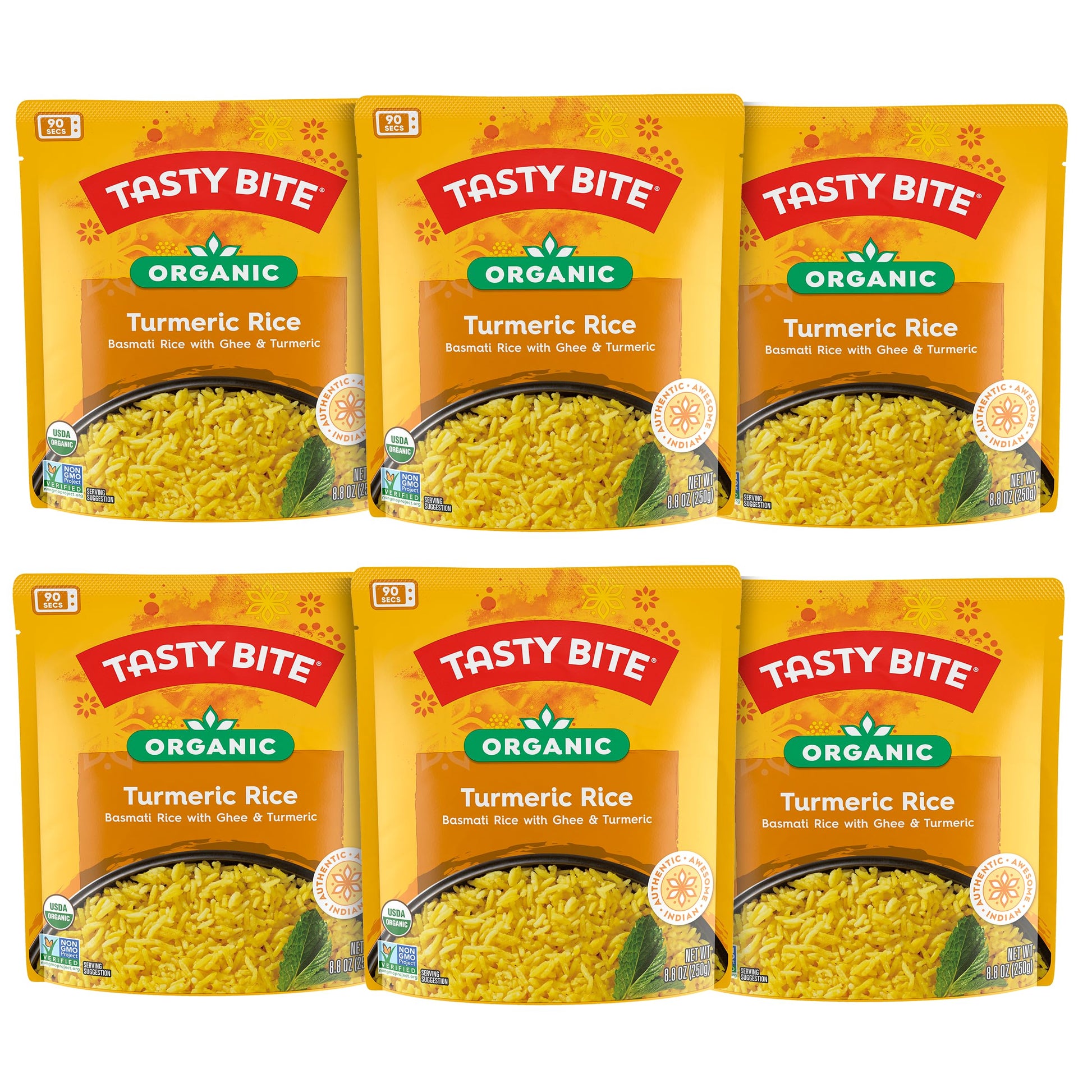 Tasty Bite Organic Turmeric Rice, 8.8 Ounce, Pack Of 6, Ready To Eat, Microwavable, Vegetarian, Gluten-Free