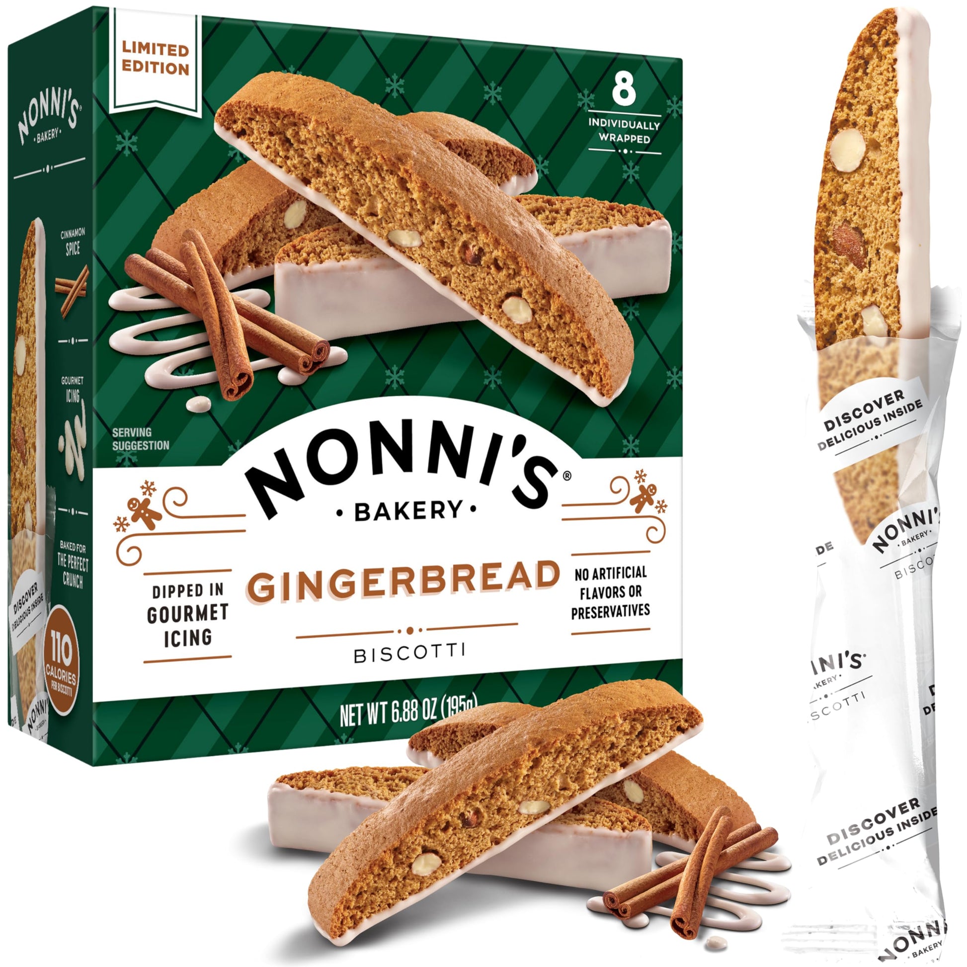 Nonnis Gingerbread Biscotti Holiday Cookies - Gingerbread Cookies - Gingerbread Christmas Cookies w/Almonds & White Icing - Bis