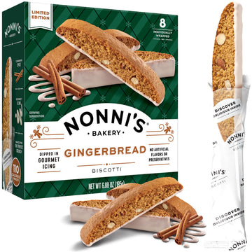 Nonnis Gingerbread Biscotti Holiday Cookies - Gingerbread Cookies - Gingerbread Christmas Cookies w/Almonds & White Icing - Biscotti Individually Wrapped Cookies - Italian Cookies - 6.88 oz