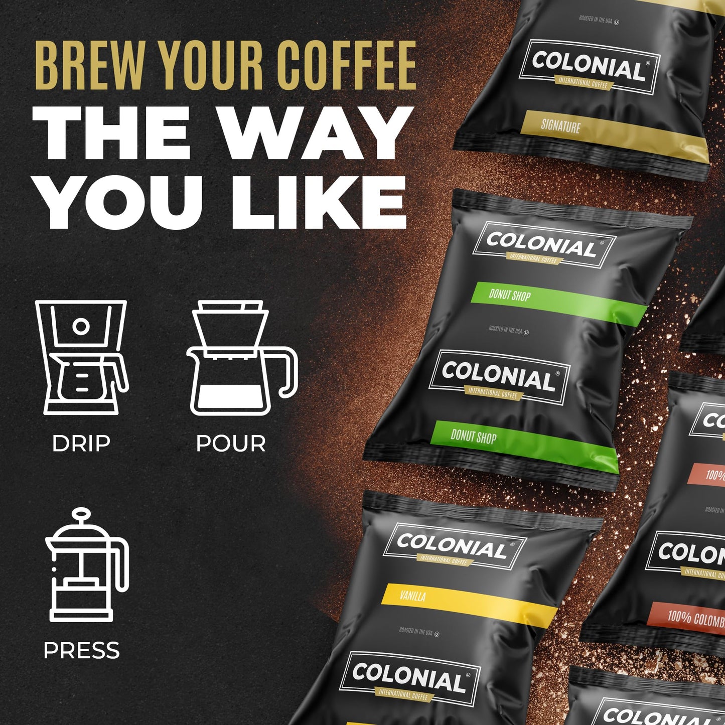 COLONIAL INTERNATIONAL COFFEE Pre Ground Coffee Packets, Colombian Medium Roast, 2.5 oz Bags, Pack of 100