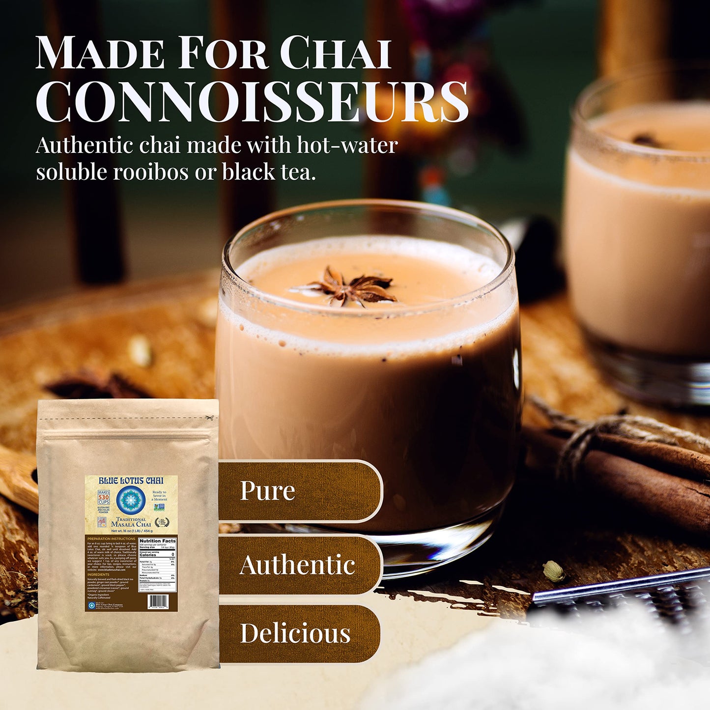 Blue Lotus Chai - Traditional Masala Chai - Makes 530 Cups - 1 Pound Bulk Bag Masala Spiced Chai Powder With Organic Spices - In
