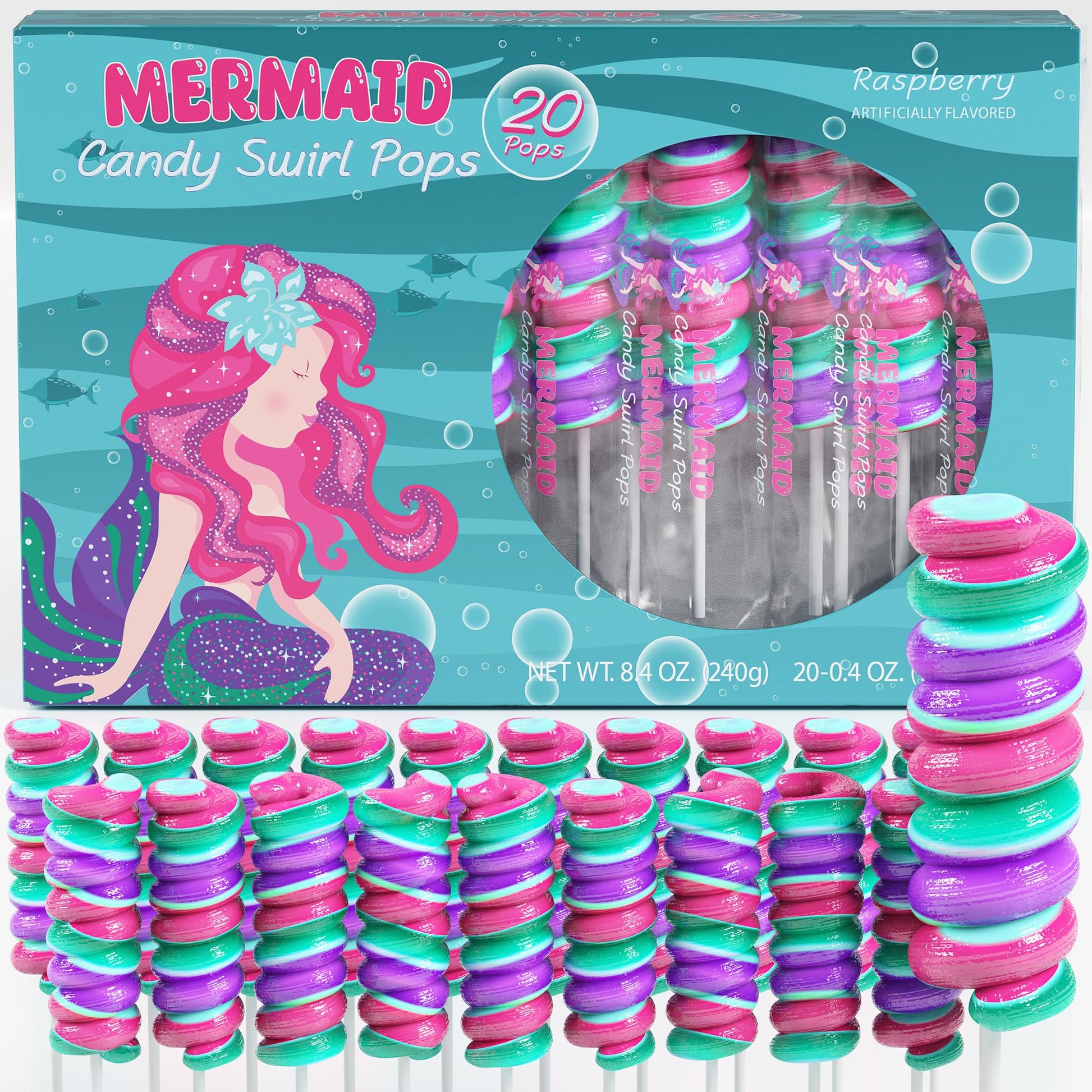 Mermaid Lollipops 20Pk- Swirl Lollipops Mermaid Candy For Little Mermaid Party Favors & Mermaid Party Supplies - Mermaid Suckers