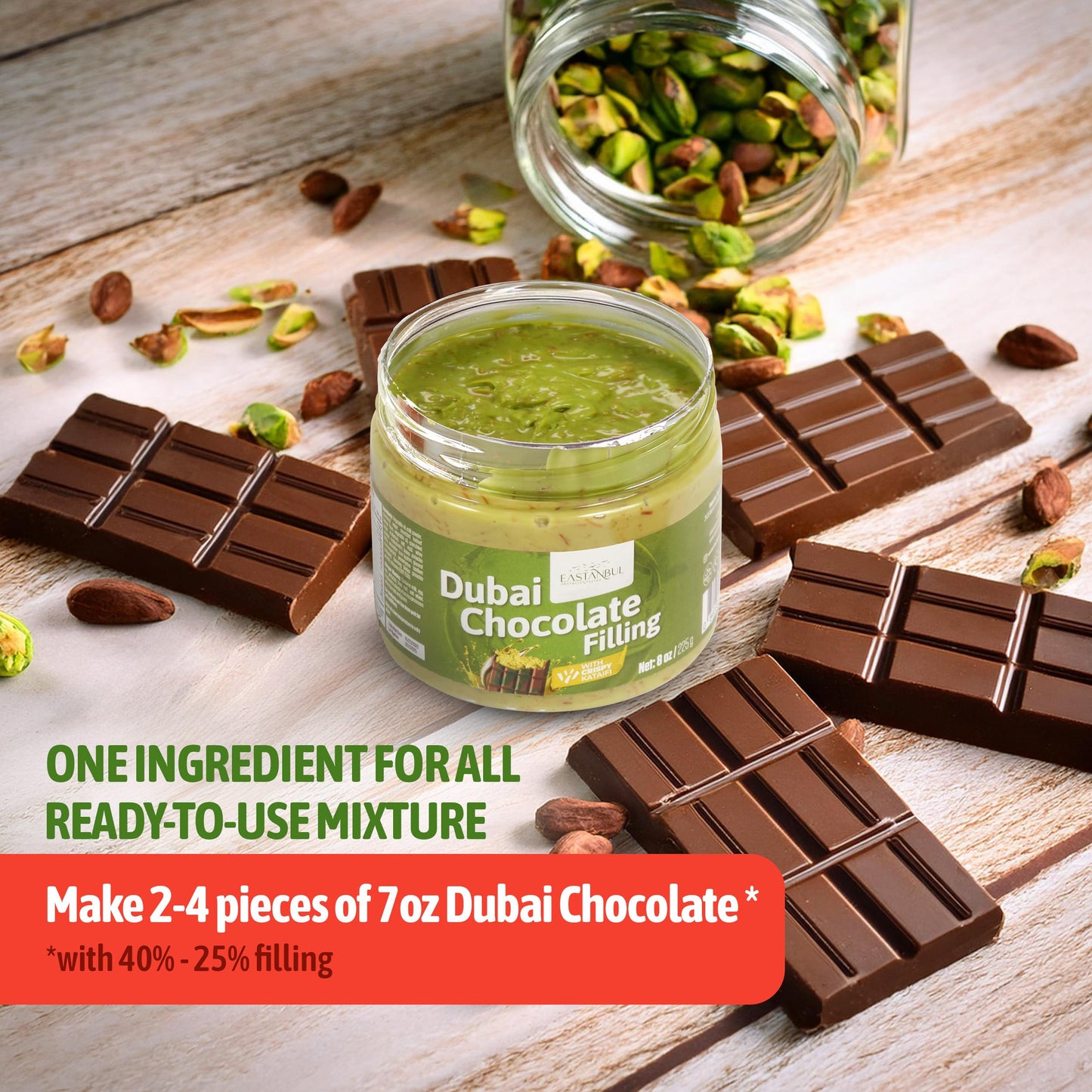 Eastanbul Dubai Chocolate Bar Mixture, 8Oz, Dubai Chocolate Bar Pistachio Filling, Crispy Enhanced Kataifi And Pistachio Cream, Single Ingredient To Make Viral Candy, No Palm Oil