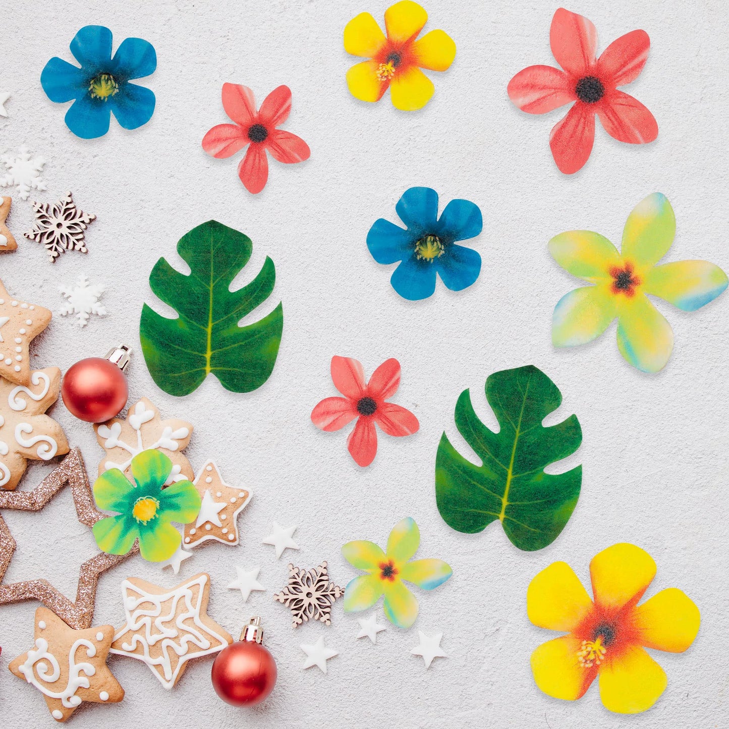 Gyufise 83Pcs Edible Tropical Palm Leaves Flowers Cupcake Toppers Palm Leaf Mini Flowers Cupcake Picks Hawaii Theme Cake Decorat