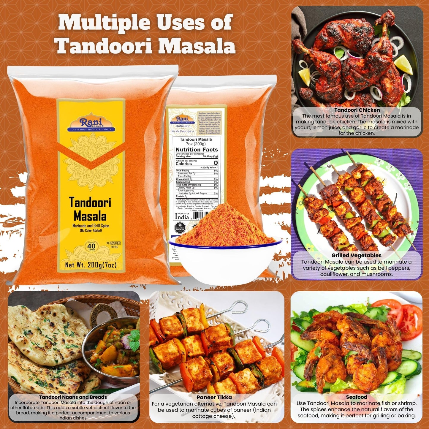 Rani Tandoori Masala 11-Spice Blend, Salt Free, Vegan, Gluten Friendly, 7oz (200g)