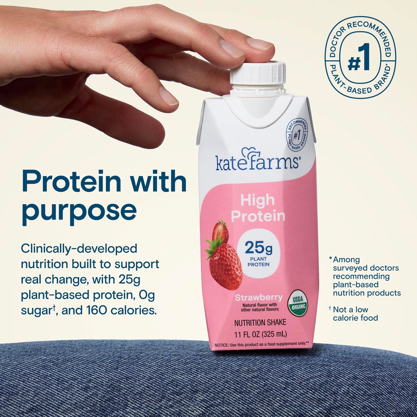 KATE FARMS Organic High Protein Strawberry Nutrition Shake  25g Protein  6g Fiber  27 Vitamins and Minerals  0g Sugar  Protein Drink  11 oz (12 Pack)