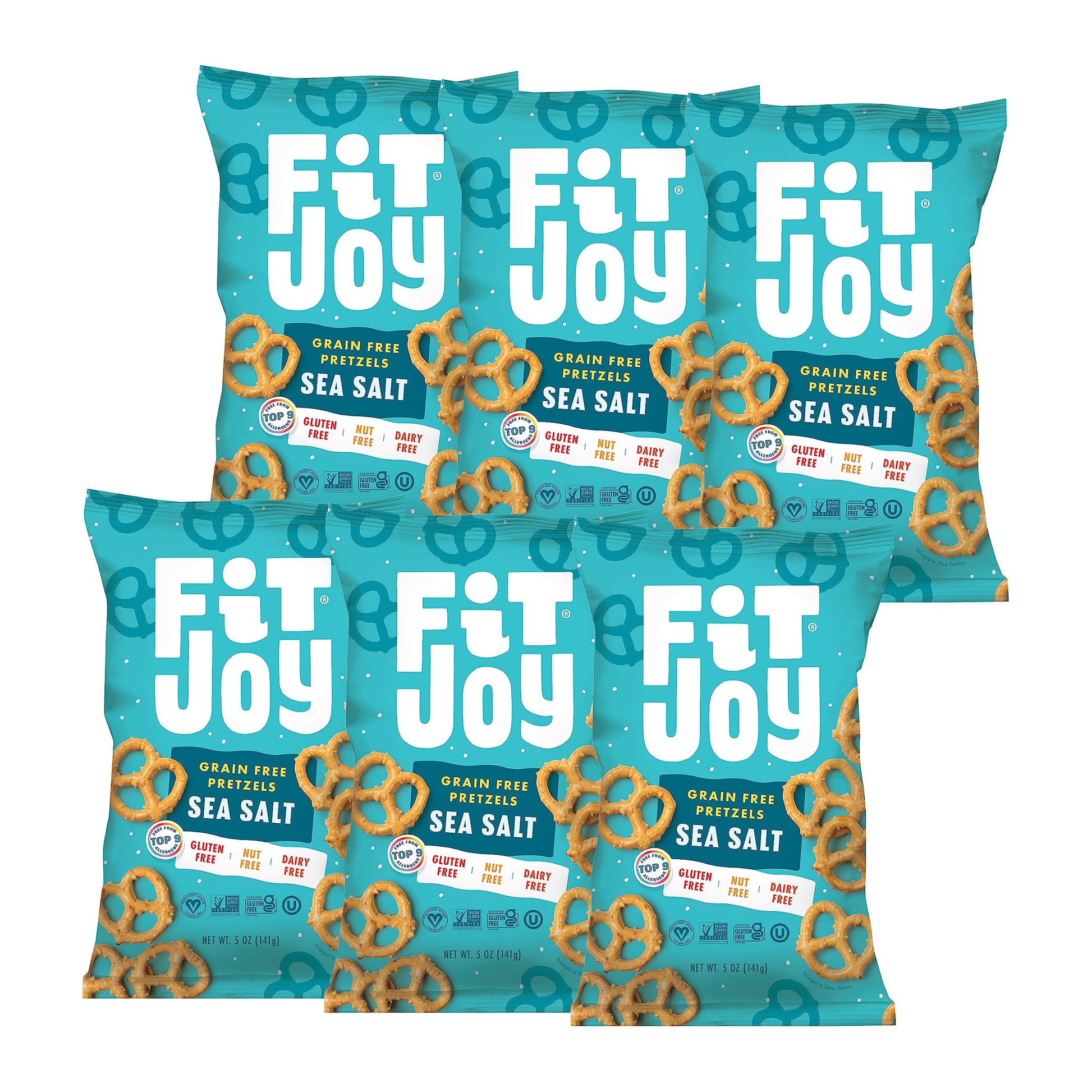 FitJoy Sea Salt Pretzels (Pack of 6, 5 Oz) - Dairy, Nut & Gluten Free Snacks - Grain Free Cassava Root & Chickpea Flour Vegan Pr