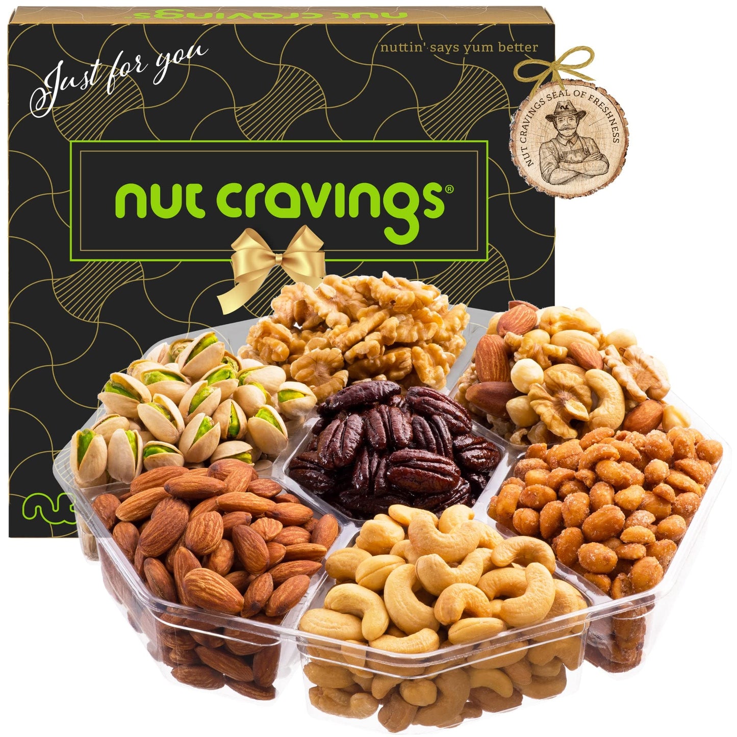 Nut Cravings Gourmet Collection - Rosh Hashana & Shana Tova Mixed Nuts Gift Basket In Black Gold Box (7 Assortments, 2 Lb) Arran