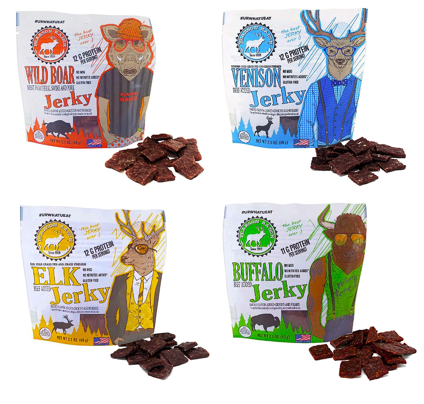 Pearson Ranch Wild Grass Fed Game Variety Pack Of 4-2.1Oz Bags - Venison, Elk, Buffalo, & Wild Boar - Gluten-Free, Msg-Free, Pal