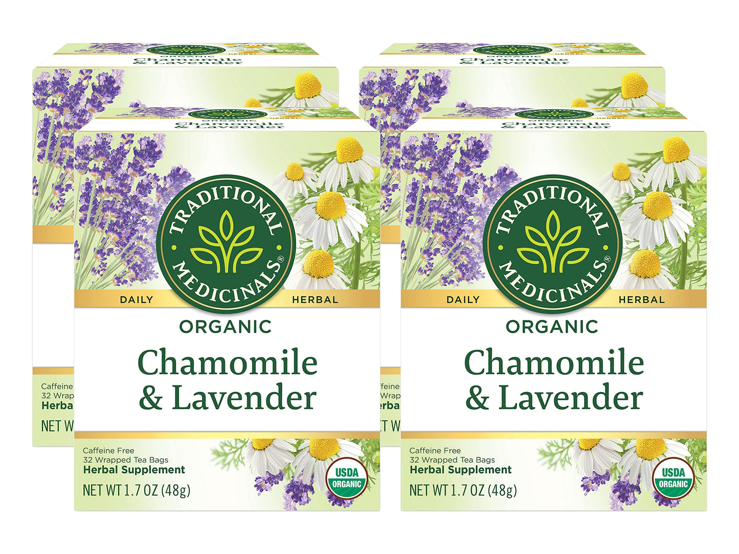 Traditional Medicinals Organic Chamomile & Lavender Herbal Tea, Settles Nervous System, (Pack Of 4) - 64 Tea Bags Total