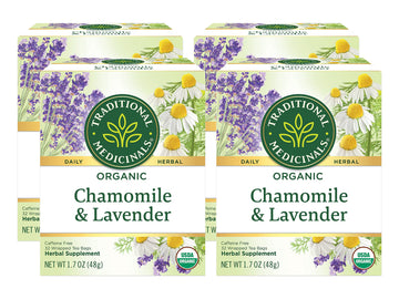 Traditional Medicinals Organic Chamomile & Lavender Herbal Tea, Settles Nervous System, (Pack Of 4) - 64 Tea Bags Total