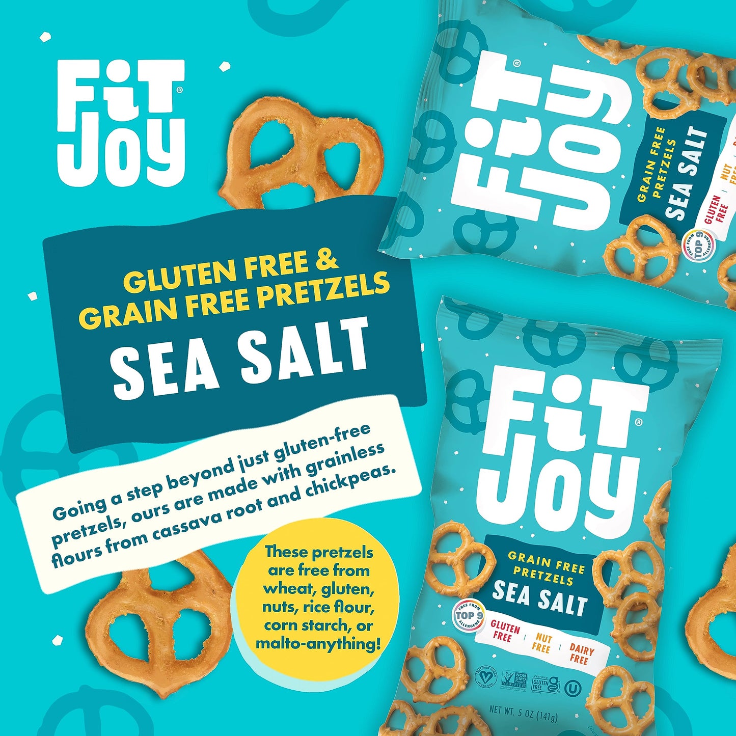 FitJoy Sea Salt Pretzels (Pack of 6, 5 Oz) - Dairy, Nut & Gluten Free Snacks - Grain Free Cassava Root & Chickpea Flour Vegan Pr