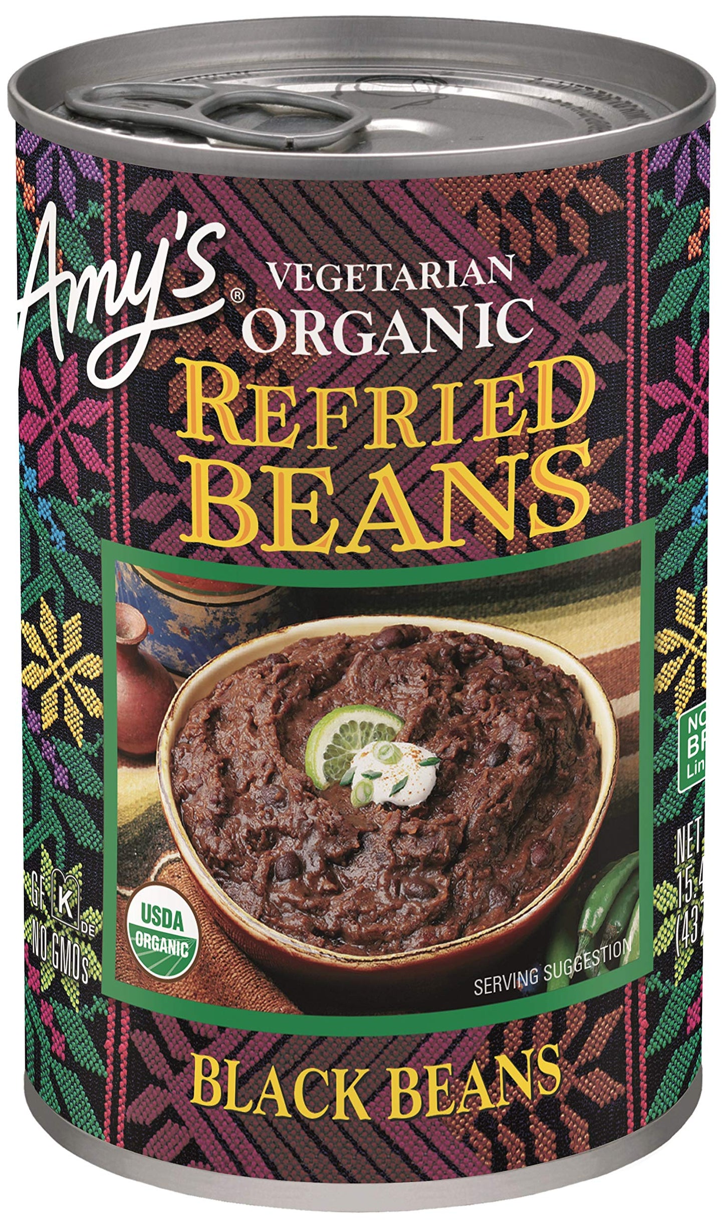 Amys Organic Refried Vegetarian Black Beans, 15.4 oz, Natural, Model 042272005512