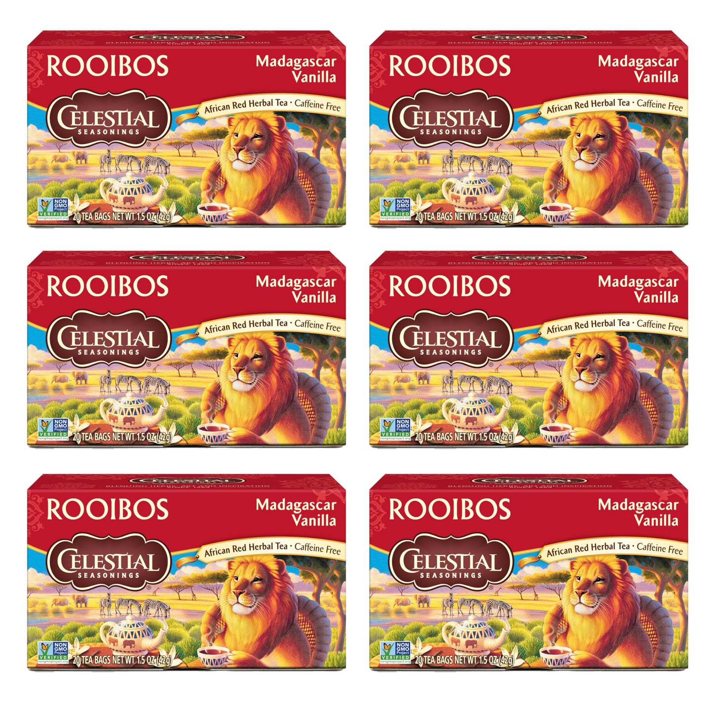 Celestial Seasonings Rooibos Madagascar Vanilla Herbal Tea, Caffeine Free, 20 Count, Pack of 6